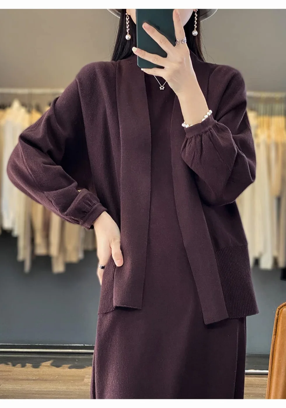 Cárdigan de Mujer Cárdigan de Punto de Algodón para Mujer Abrigo Suéter Liso Color Café Cárdigan Largo de Manga Farol Cárdigan Abierto por Delante Chaqueta de Punto Suelta de Primavera para Uso Diari