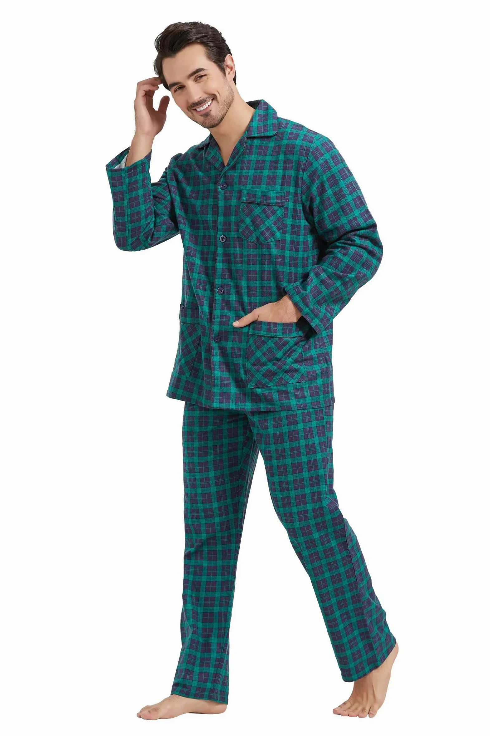Amaxer Pijama de Dos Piezas Hombre, Conjunto de Pijama de Franela de algodón 100%, Ropa de Dormir para Hombre, Top de Manga Larga con Bolsillos, Pantalones de Pijama con cordón