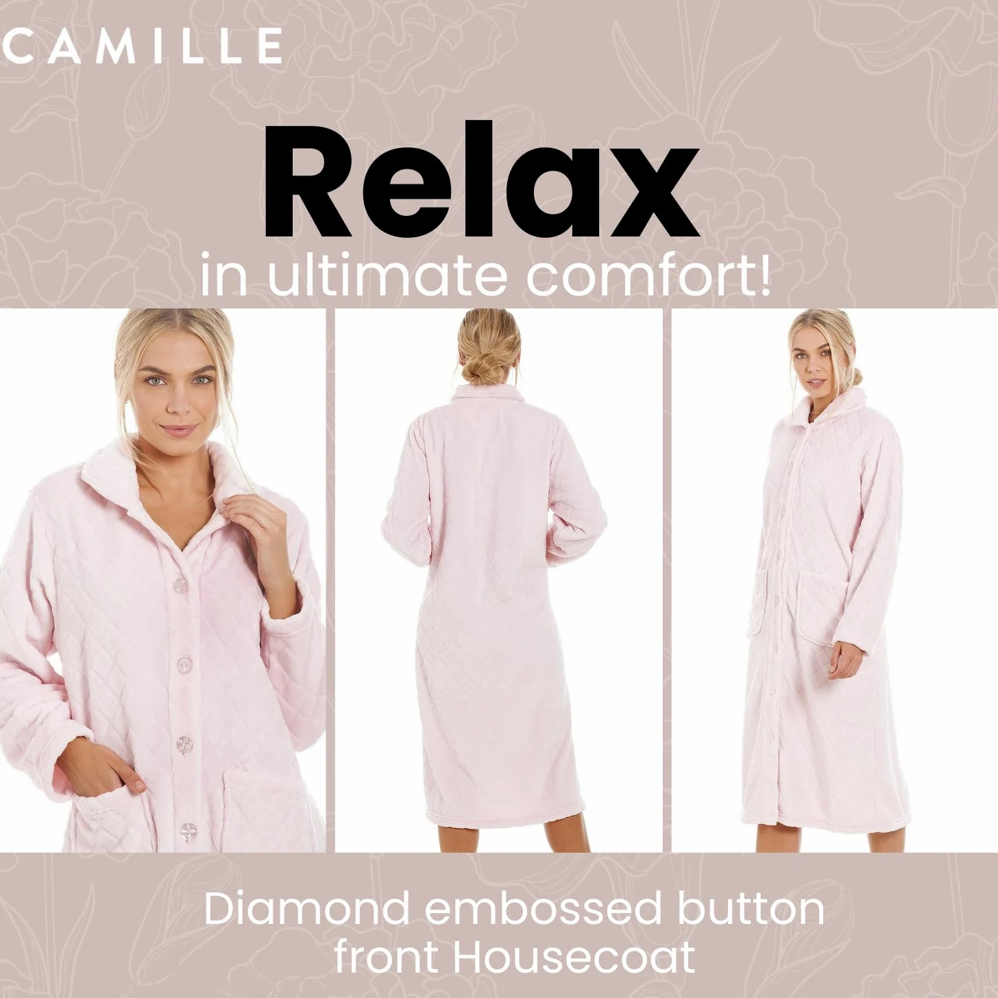 Camille Albornoz de forro polar supersuave para mujer, diseño de diamantes, albornoz con botones, manga larga con bolsillos delanteros, acogedor y cálido