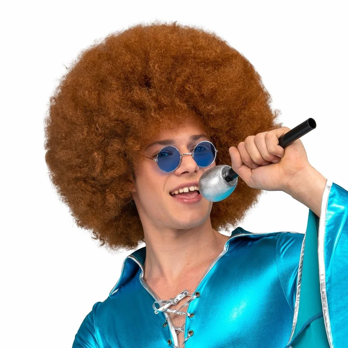 My Other Me Disfraz Disco Hombre Mono Azul Brillante Mangas Pantalones Acampanados Volantes Plateado