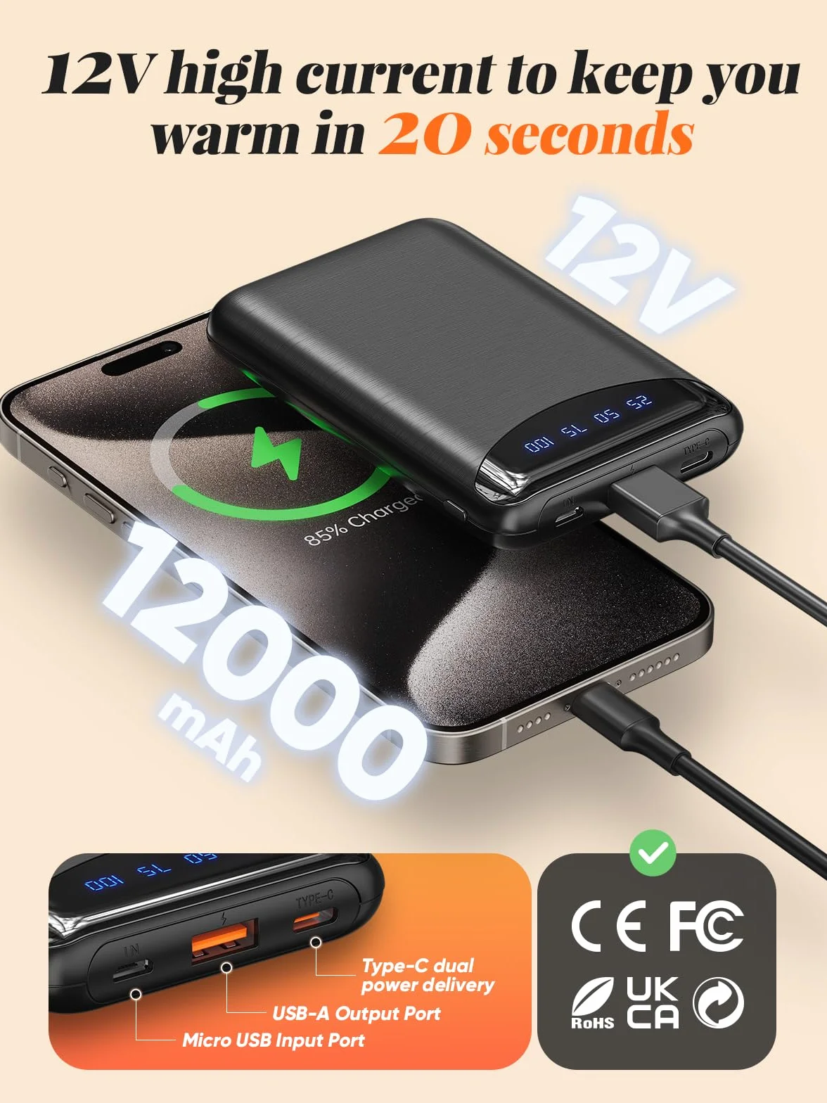 POSUGEAR Chaleco Calefactable Mujer con Batería 12V 12000mAh Bluetooth Ligero Cálido Térmico Exteriores