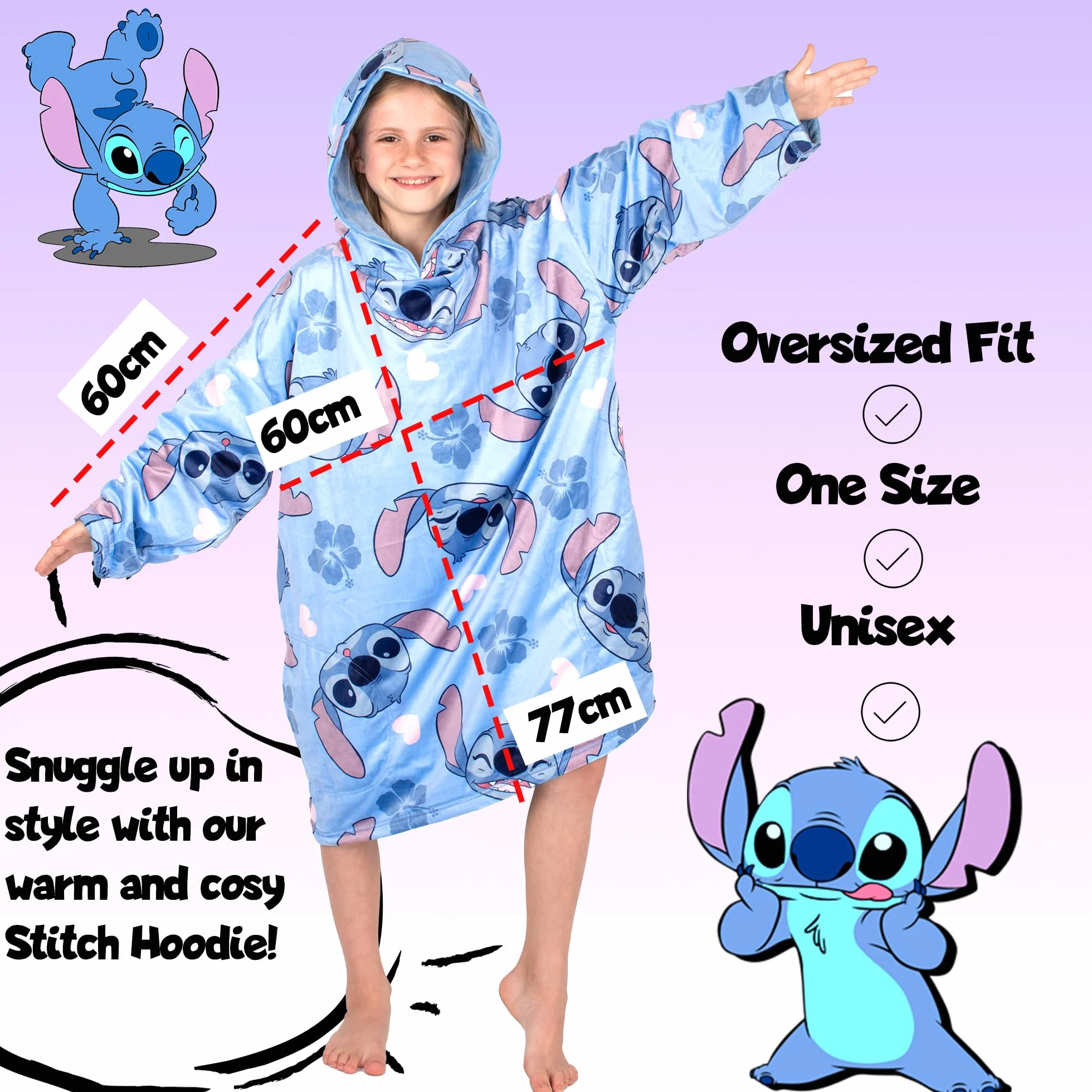 Disney Stitch - Manta reversible con capucha de gran tamaño para niños, súper suave, de doble cara, forro polar, regalo para niñas, talla única, color azul
