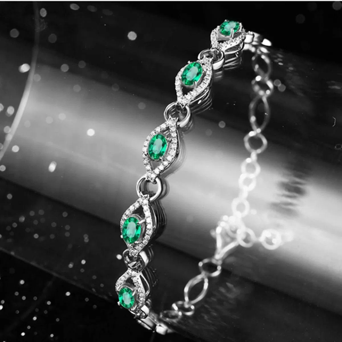 Pulseras Mujer Oro Blanco 9 K / 14 K / 18 K, Oval con Esmeralda Creada de 1,2 ct y Moissanita, Cadena Extensible 16 CM + 5 CM, Pulseras para Mujer Ajustable Plata Verde