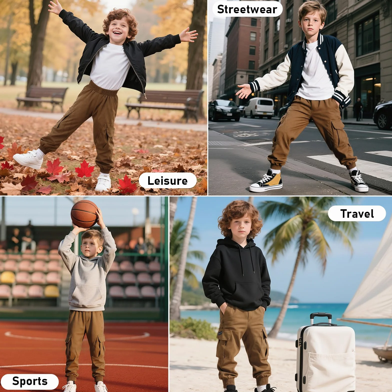 Pantalones Cargo Niños Suaves Transpirable Cintura Elástica Múltiples Bolsillos Streetwear Casual Joggers 6-13 Años