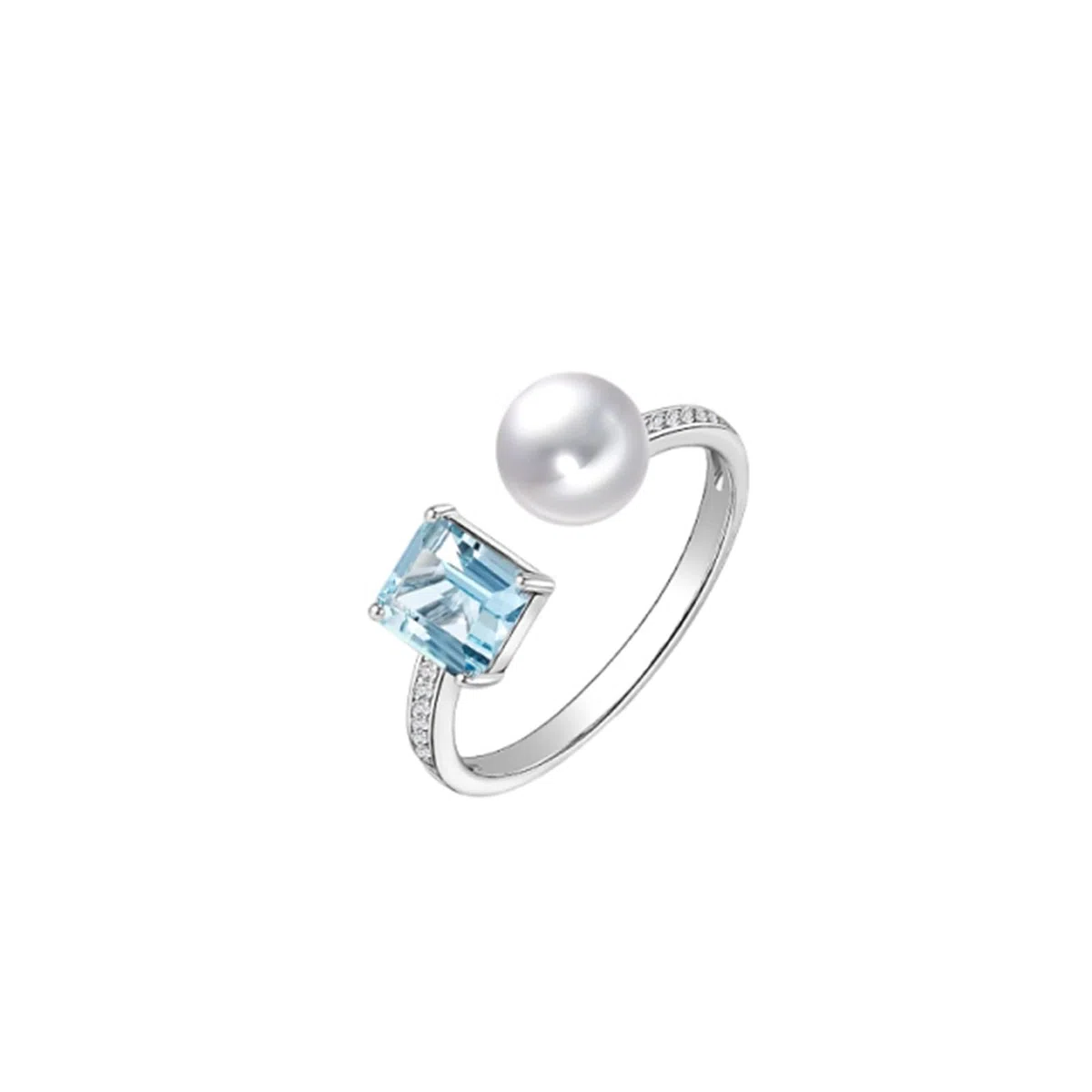 Wycian Anillo Piedra Azul Anillo Mujer Azul Oro Blanco Aguamarina Abierto con Aguamarina, Perla Y Diamante Talla 18,5 Sólido No Chapado Moda para Hermana Acción de Gracias Joyas