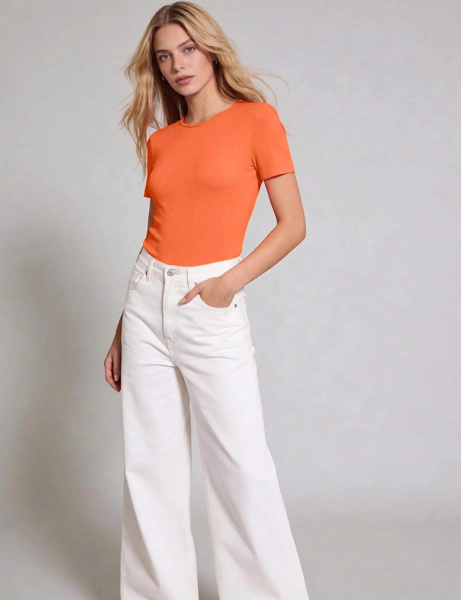 Aottori Camisetas Mujer Manga Corta Verano Cuello Redondo Camiseta Básica Acanalada Mujer Lisa Estirada Ajustada Capa Base Casual Pullover Tunica Top