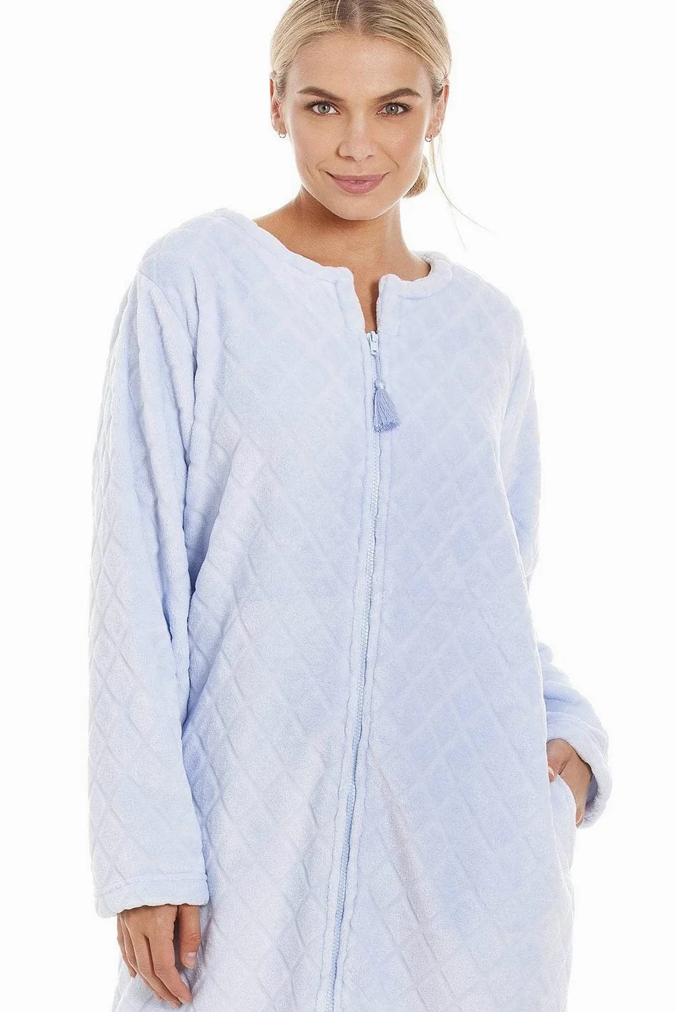 Camille Bata de baño de forro polar súper suave con cremallera para mujer, longitud a la pantorrilla, con estampado de diamantes, cierre de cremallera, mangas largas y bolsillos, ligera, de lujo