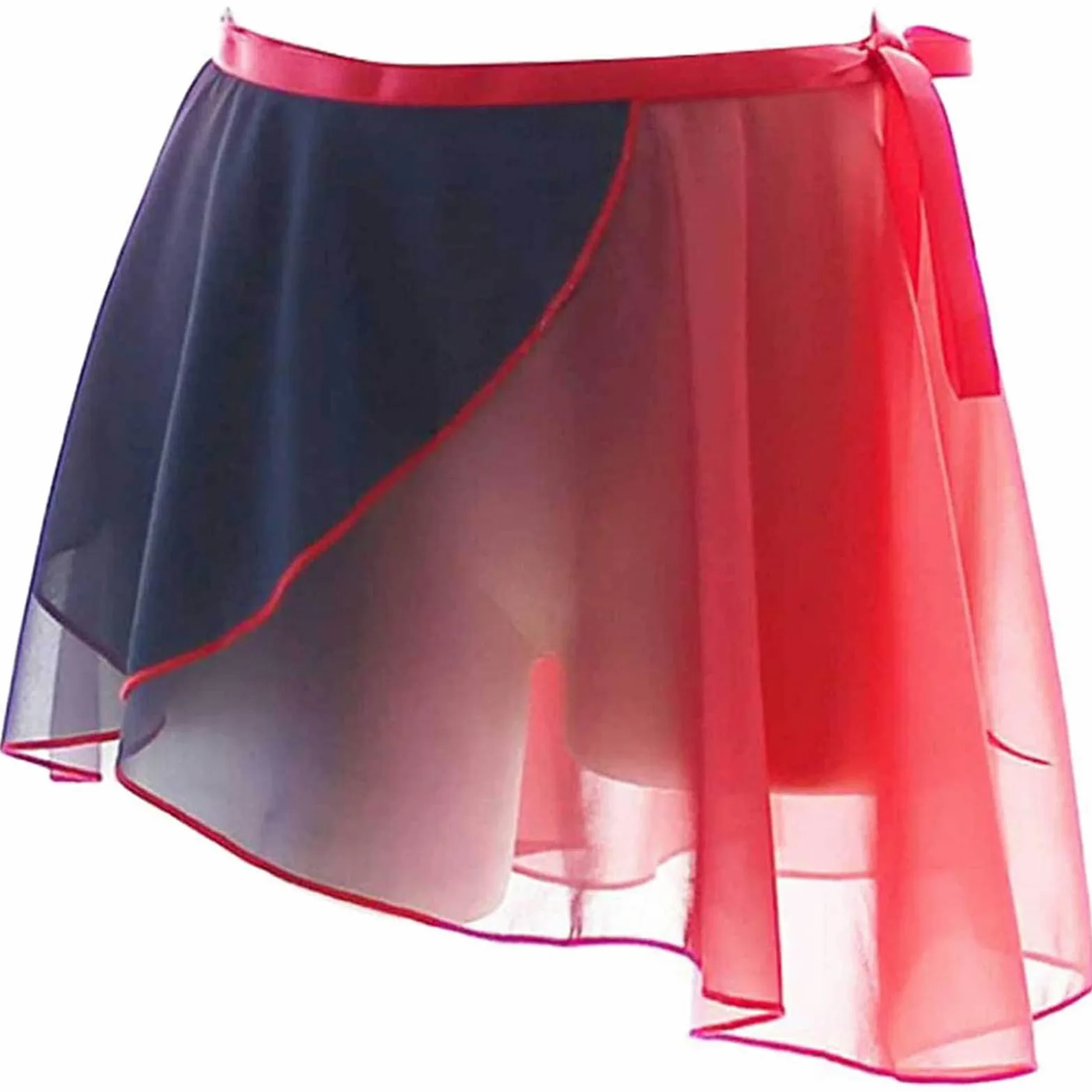 Falda de ballet de gasa gradiente para mujer, asimétrica de danza patinar sobre bufanda tutú Minifalda, Negro + rojo, Talla Única