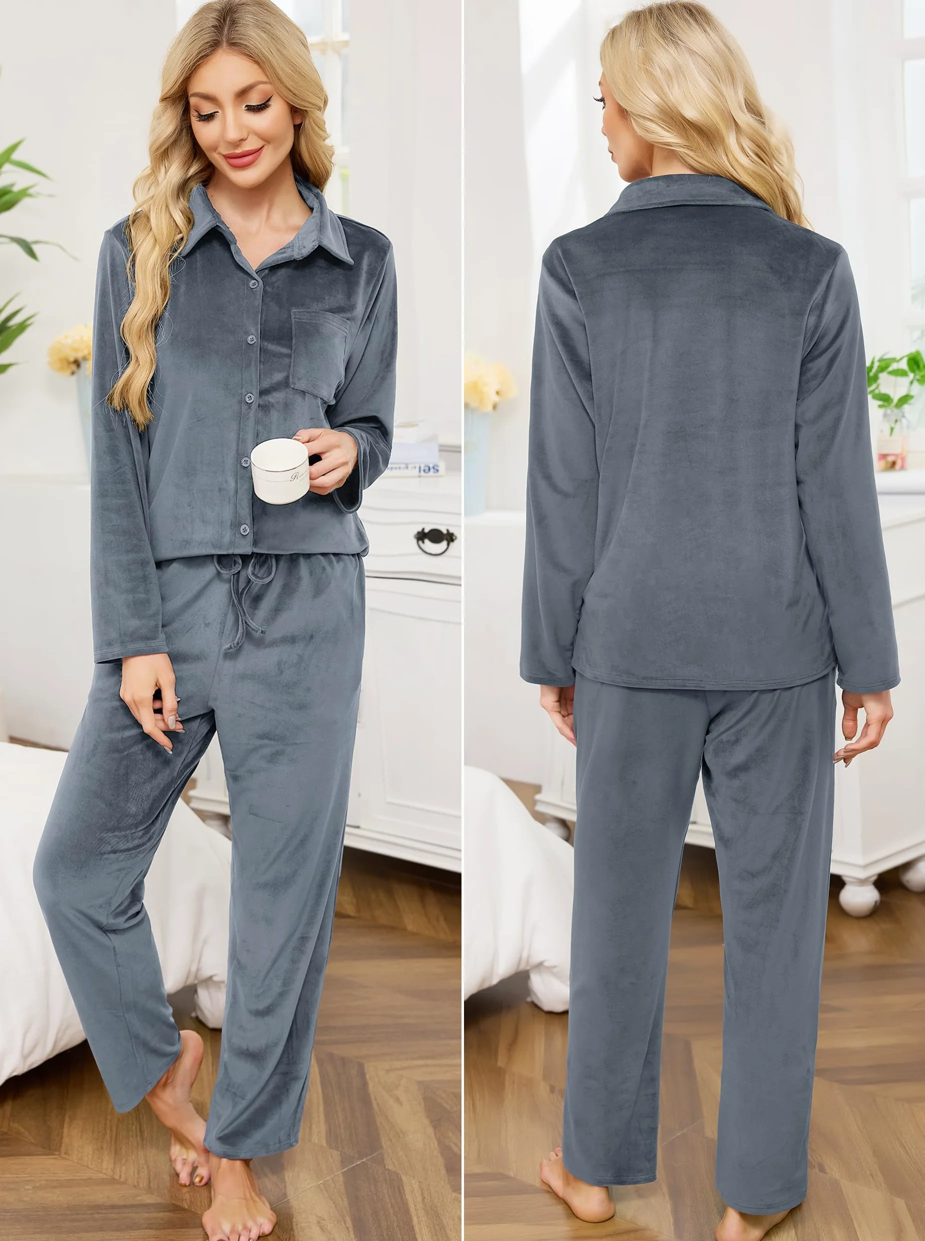 Wikoan Conjunto de Pijama Mujer Pijama de Invierno Felpa de una Cara para Mujer