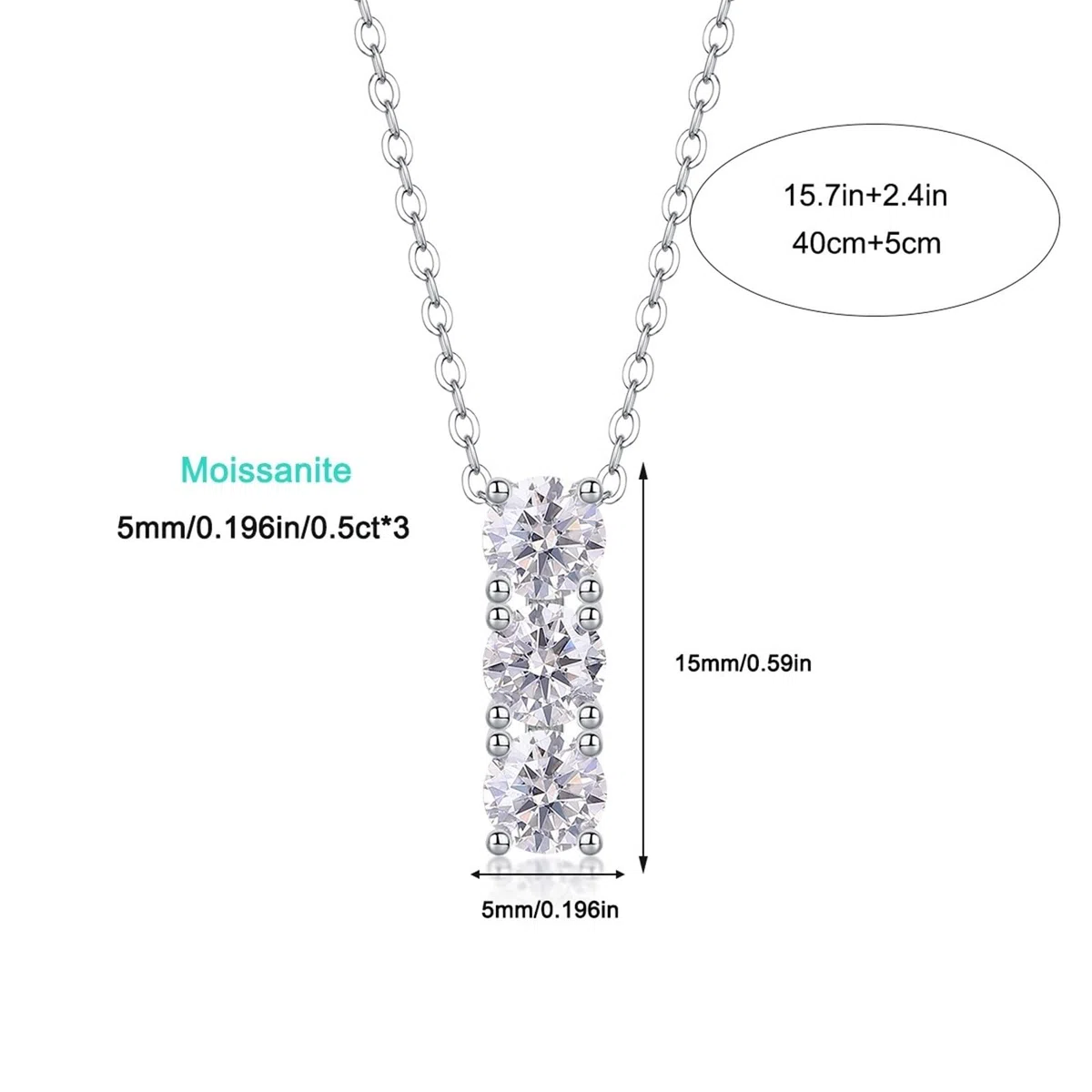 Collares de oro blanco para mujer con moissanita, oro blanco/platino, collar ajustable para mujer, tres piedras simples