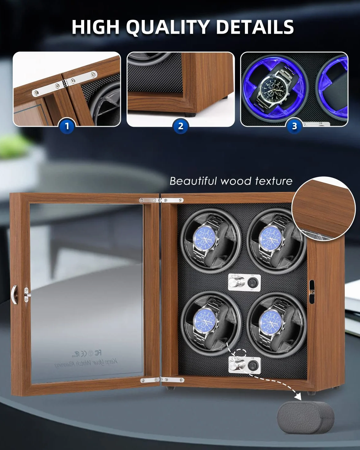 Mxmoonant Enrollador automático de relojes 2/3/4, 5 modos de rotación, motor silencioso USB, luz LED, caja de almacenamiento