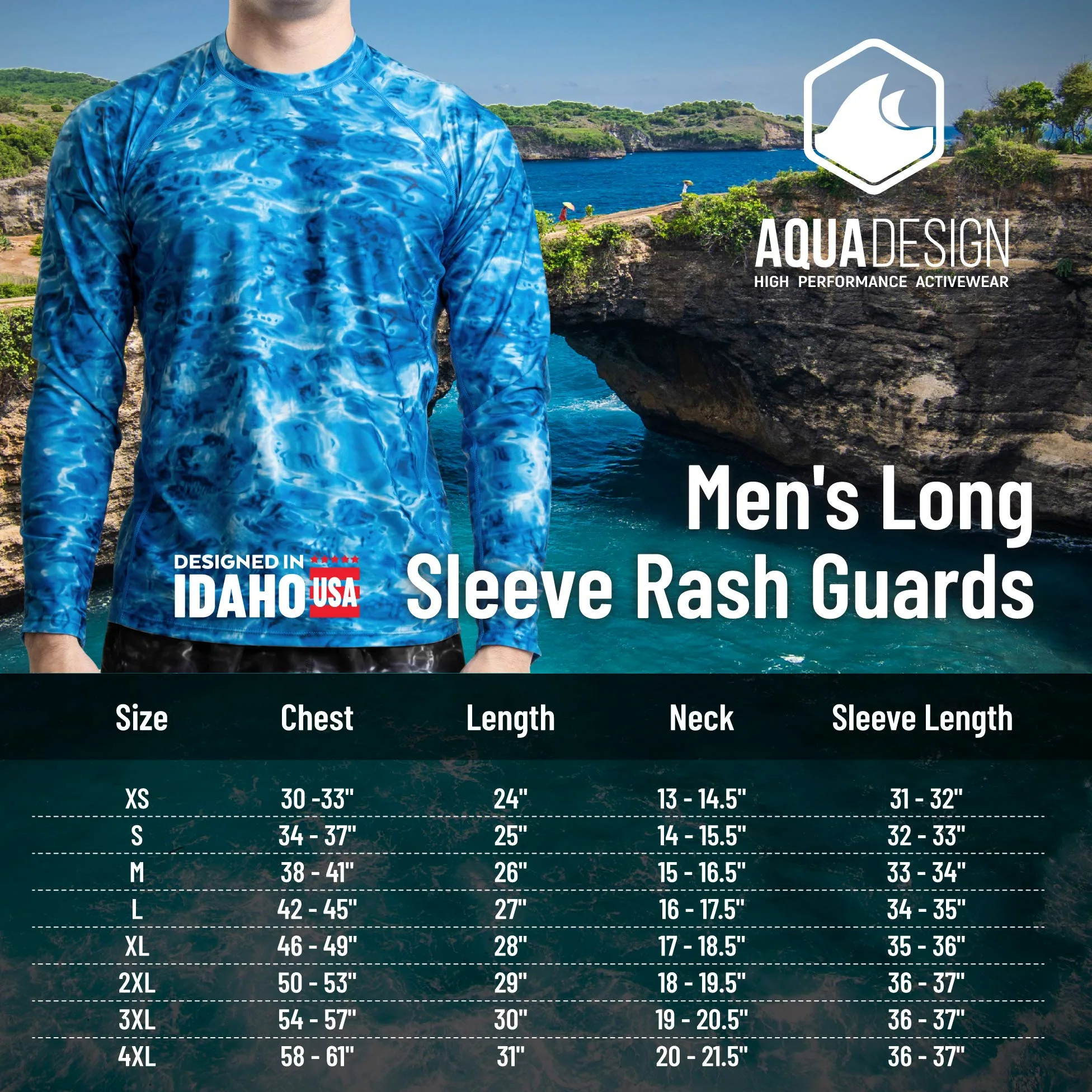 Aqua Design Rash Guard - Camiseta de natación para hombre (manga larga, protección solar 50+) - Azul - Large