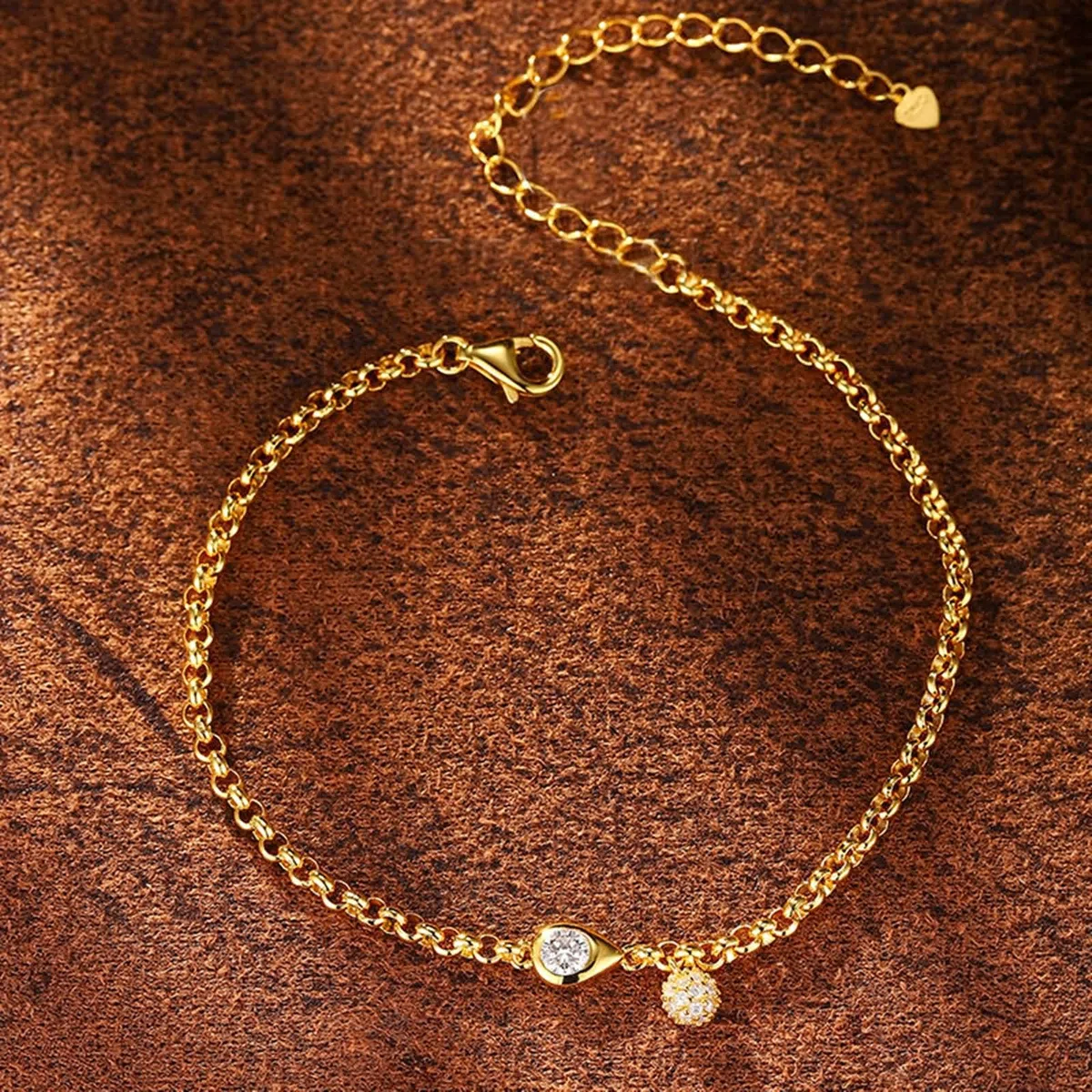 Pulsera de Oro Mujer 9 K / 14 K / 18 K, Gota de Agua y Redondo con Diamante Creado de 0,2 ct, Cadena Extensible 16 CM + 5 CM, Pulsera para Mujer de Oro