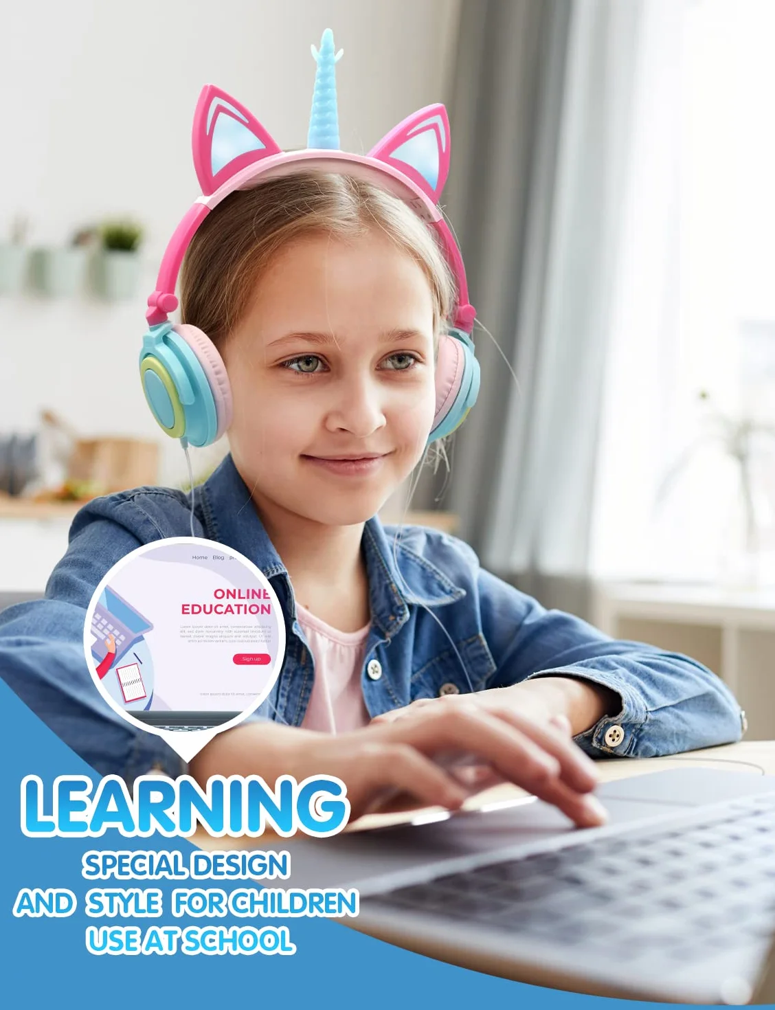 ONTA Auriculares para Niños con Orejas de Gato Iluminados con LED Plegables sobre Oído, Auriculares Resplandor Unicornio para Niños para la Escuela, la Casa, Cable Sin Enredos (Polvo Azul)