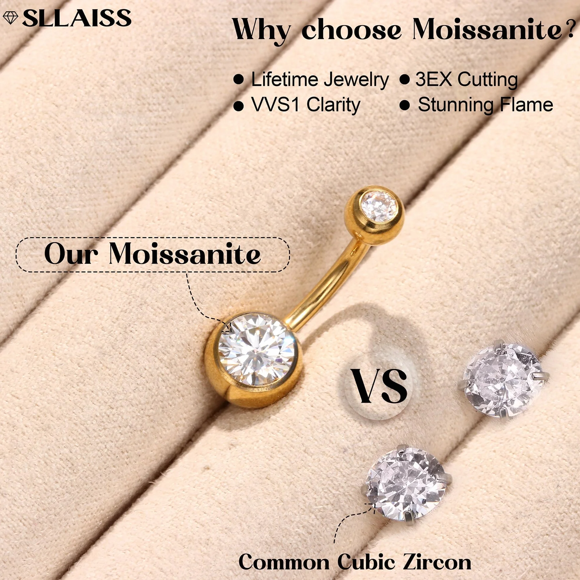 Sllaiss Piercing Ombligo Titanio G23 con Moissanita Brillante Calibre 14G y 10mm Piercings de Ombligo Mujer con Rosca Interna Hipoalergénico Joyería Corporal de Titanio Grado Implante Plata/Oro