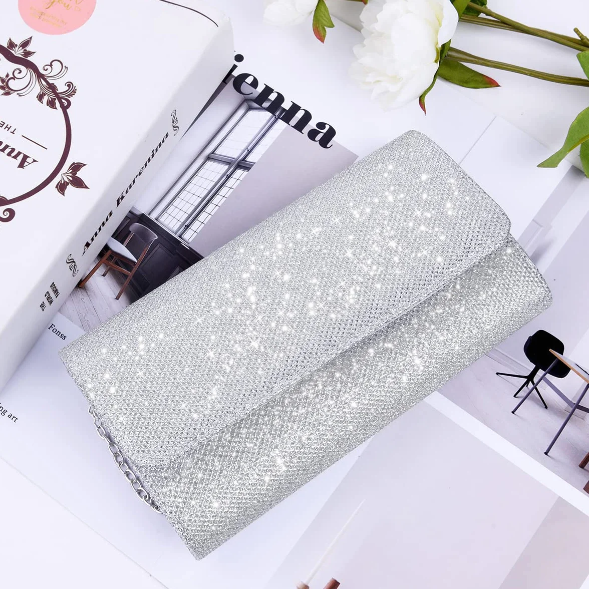 OSDUE Bolso de Mano para Mujer con Cadena Desmontable, Bolso de Hombro Cruzado con Ientejuelas y Purpurina, Bolso de Novia para Boda, Evento, Citas y Cóctel