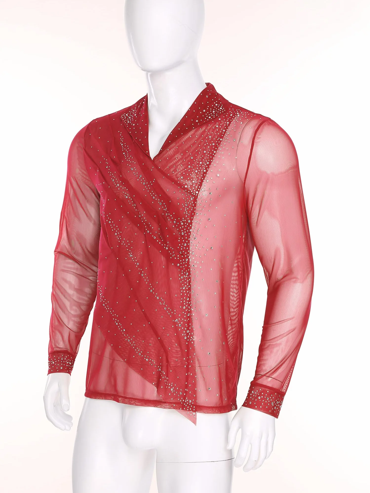 Camisa Baile de Salón para Hombre Leotardo Baile Latino Patinaje Artístico Competición Rojo S-XXL