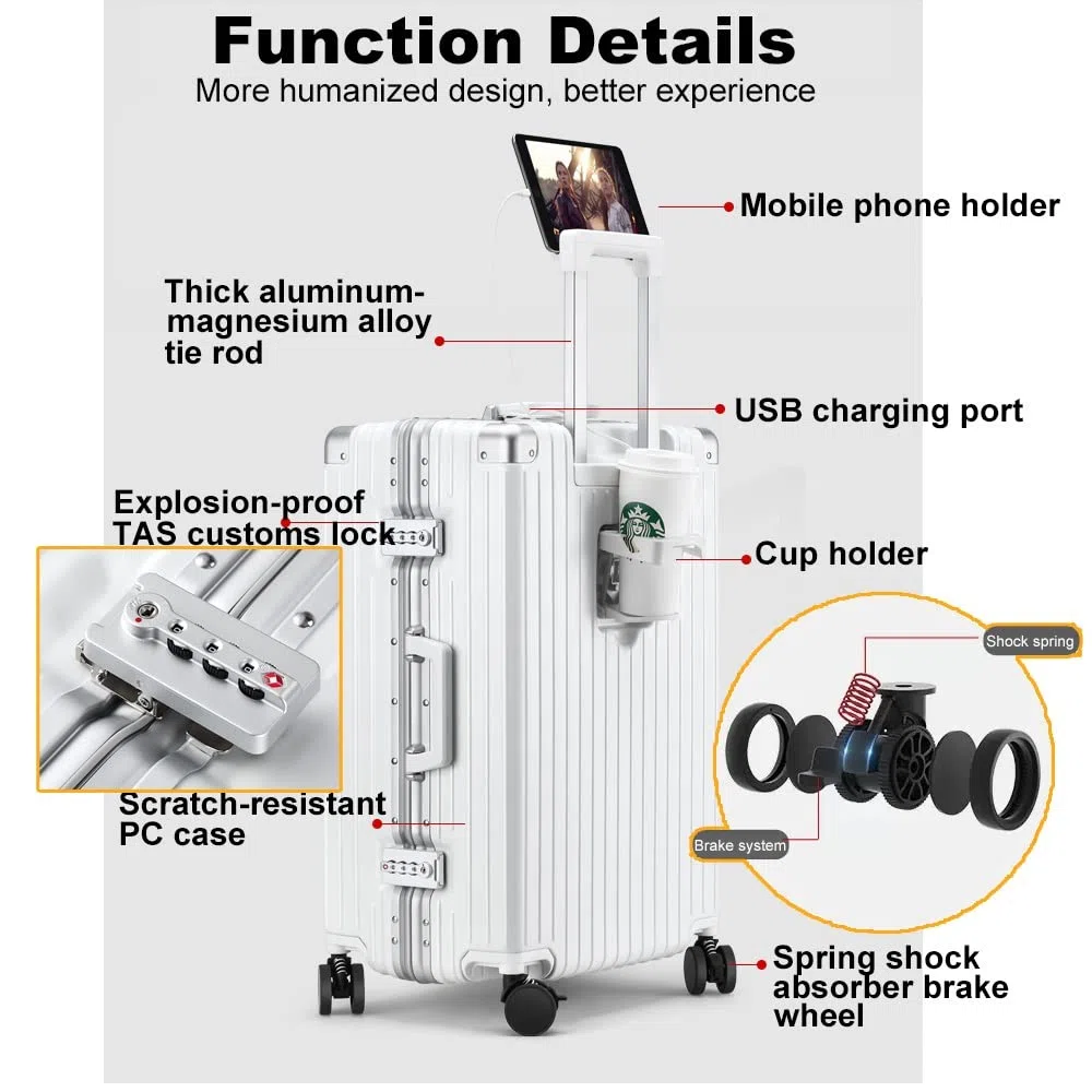 Maleta Multifuncional con Ruedas Giratorias y Puerto de Carga USB - Equipaje de Aluminio con Lados Rígidos - Equipaje de Mano Ligero (Color : White, Size : 26")