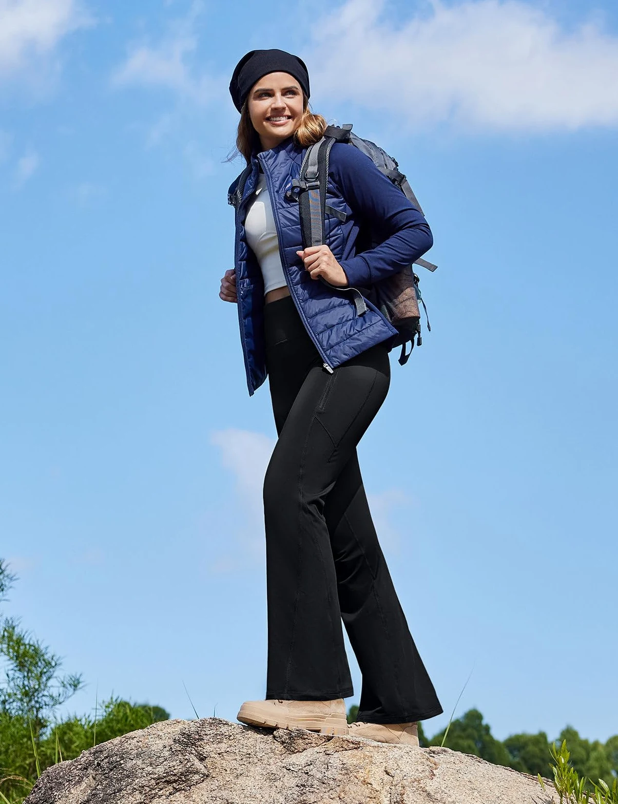 BALEAF Pantalones de invierno con forro polar para mujer, térmicos, cálidos, acampanados, pantalones de yoga cruzados, parte inferior acampanada con bolsillos | Cintura cruzada en V, 2 bolsillos laterales, forro polar suave, no transparente, adecuado para