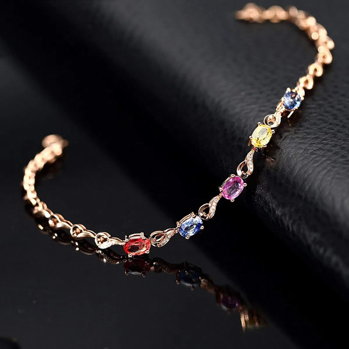ZH1YFD Pulsera de Zafiro Oro Rosa, Eslabón de Barra con Zafiro Multicolor 2.724ct Pulseras en Joyería de Mujer 16+3CM