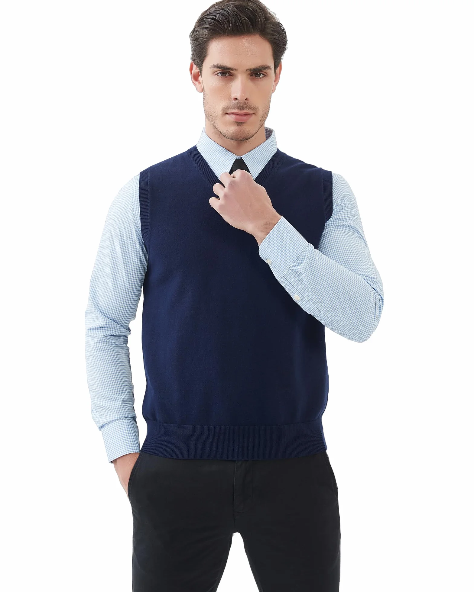 Kallspin Hombres de Algodón sin Mangas Jerseys Cuello en V de Punto Chalecos Suéter Chaleco Corte Relajado Pullover
