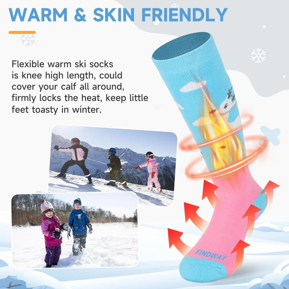 Findway Calcetines de Esquí para Niños,Calcetines Térmicos Niños Niñas 85% Algodón Calcetines de Nieve Suaves Transpirables Calcetines de Esquí de Invierno para Patinaje Snowboard,2 Pares/3 Pares