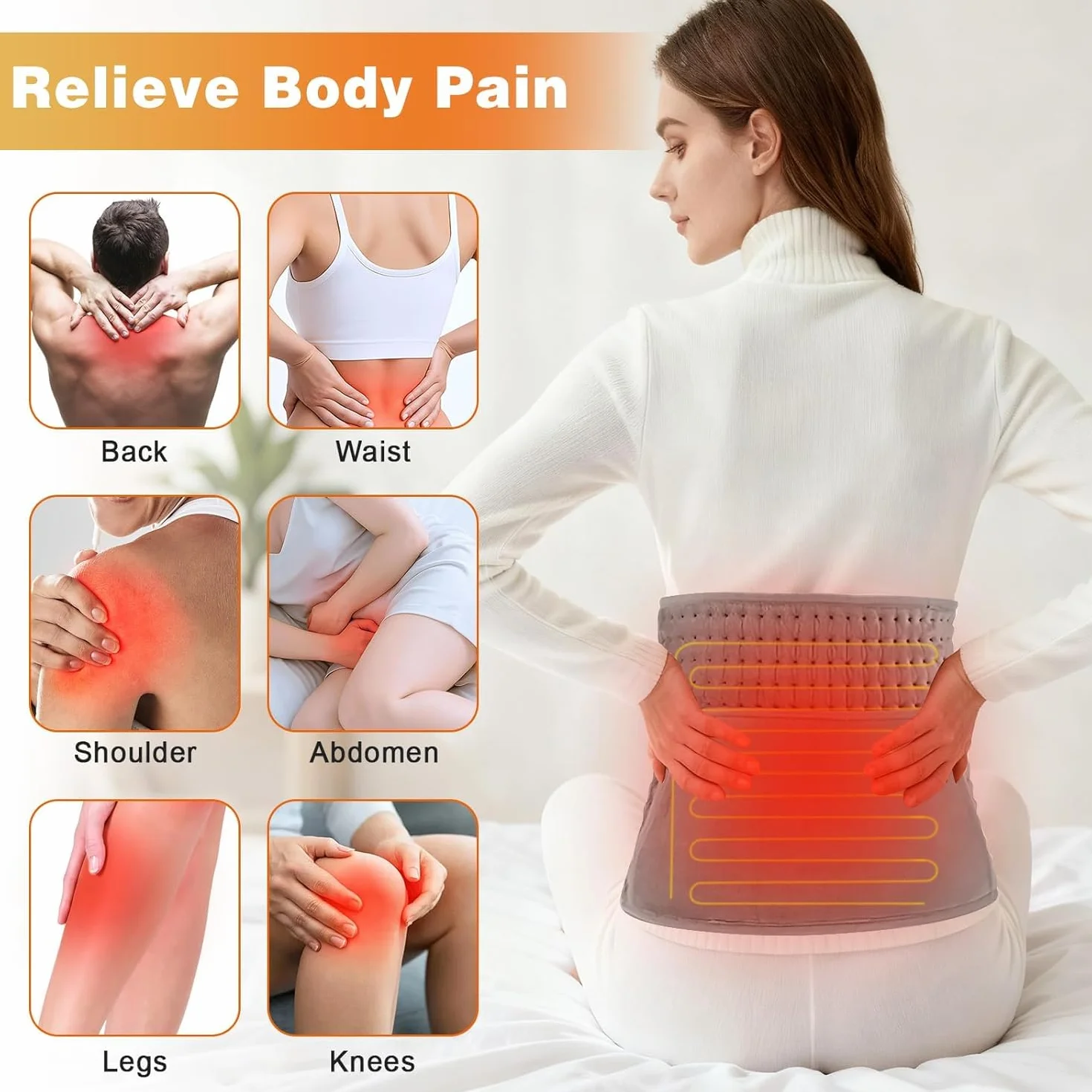 Faja lumbar calefactora 122 x 30 cm, termoforo lumbar con 10 niveles de temperatura y 4 ajustes de tiempo, termoforo eléctrico para la espalda, lavable, para espalda, cuello, hombros, abdomen