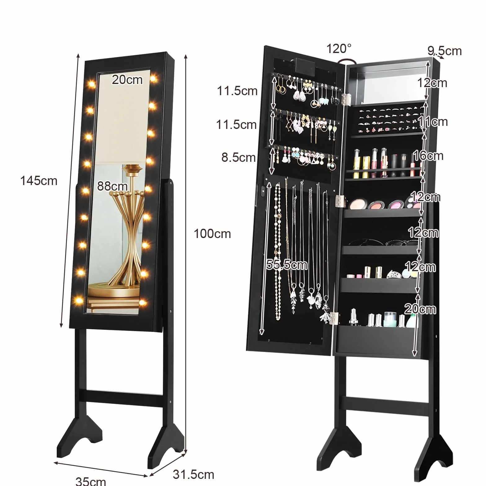 HOMASIS Armario Joyero de Suelo Con Espejo y Luces LED - Contenedor Con Marco para Joyas, Cosméticos - para Cama, Baño (Negro)
