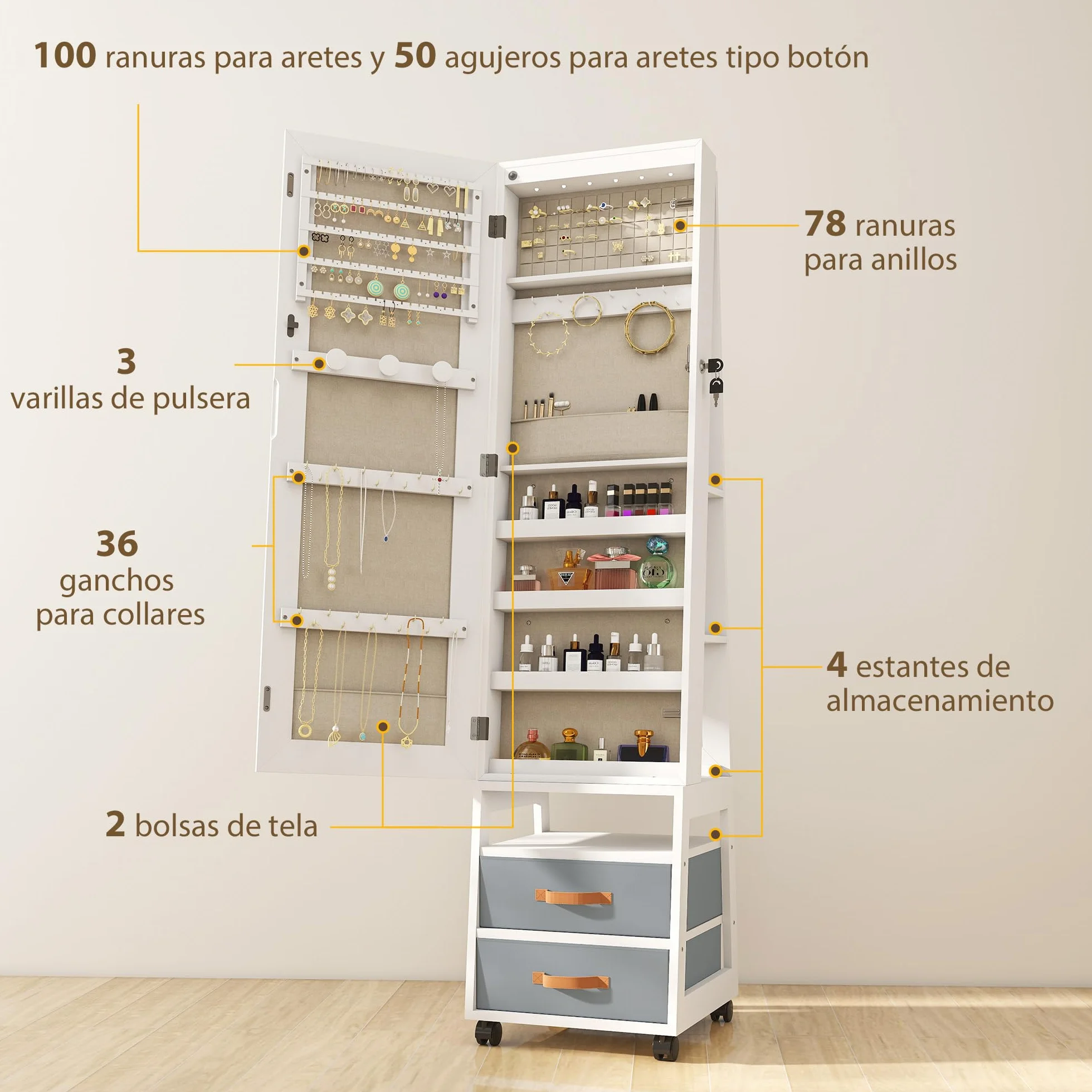 HOMCOM Espejo Joyero con Luces LED Interior, Armario para Joyas con Ruedas, Armario Joyero con Espejo Entero, Giratorio de 360°, Estantes Abiertos, Cajones de Tela, Blanco y Forro Crema