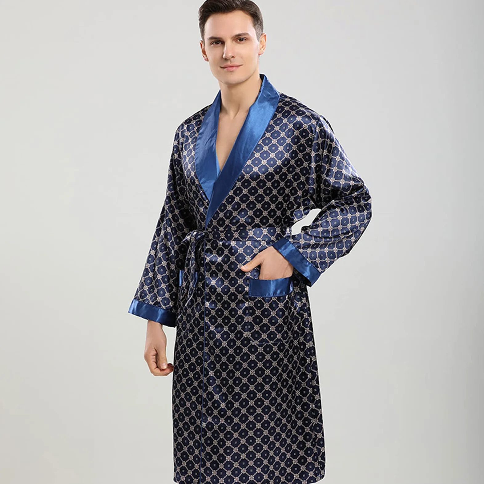 Traje de Dos Piezas de camisón de Seda de Manga Larga para Hombre de Primavera y Verano