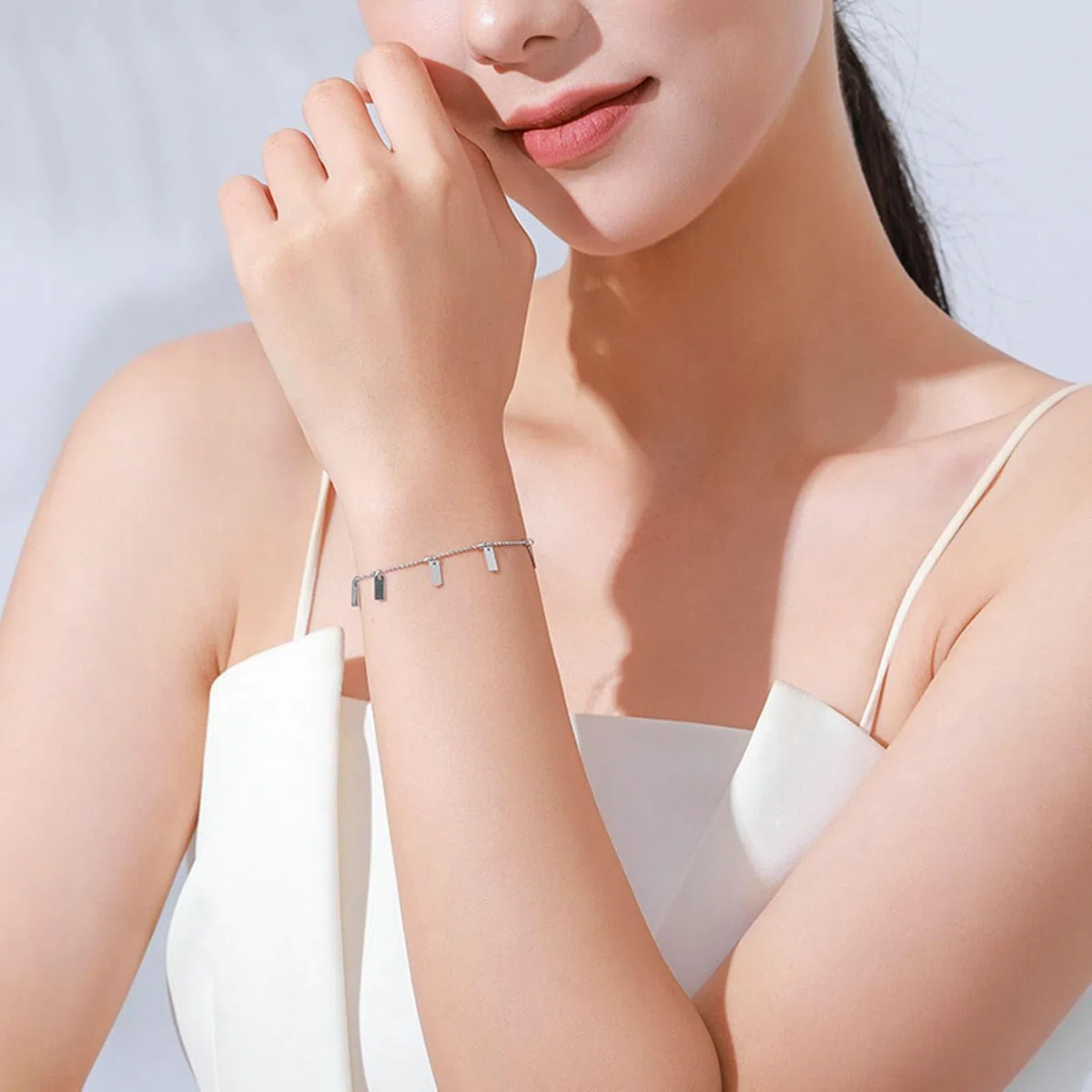 Pulseras de Oro Blanco para Mujer 9Kilates / 14Kilates / 18Kilates, Cadena con Rectángulo, Cadena Extensible 16 CM + 5 CM, Pulsera de Mujer Plata