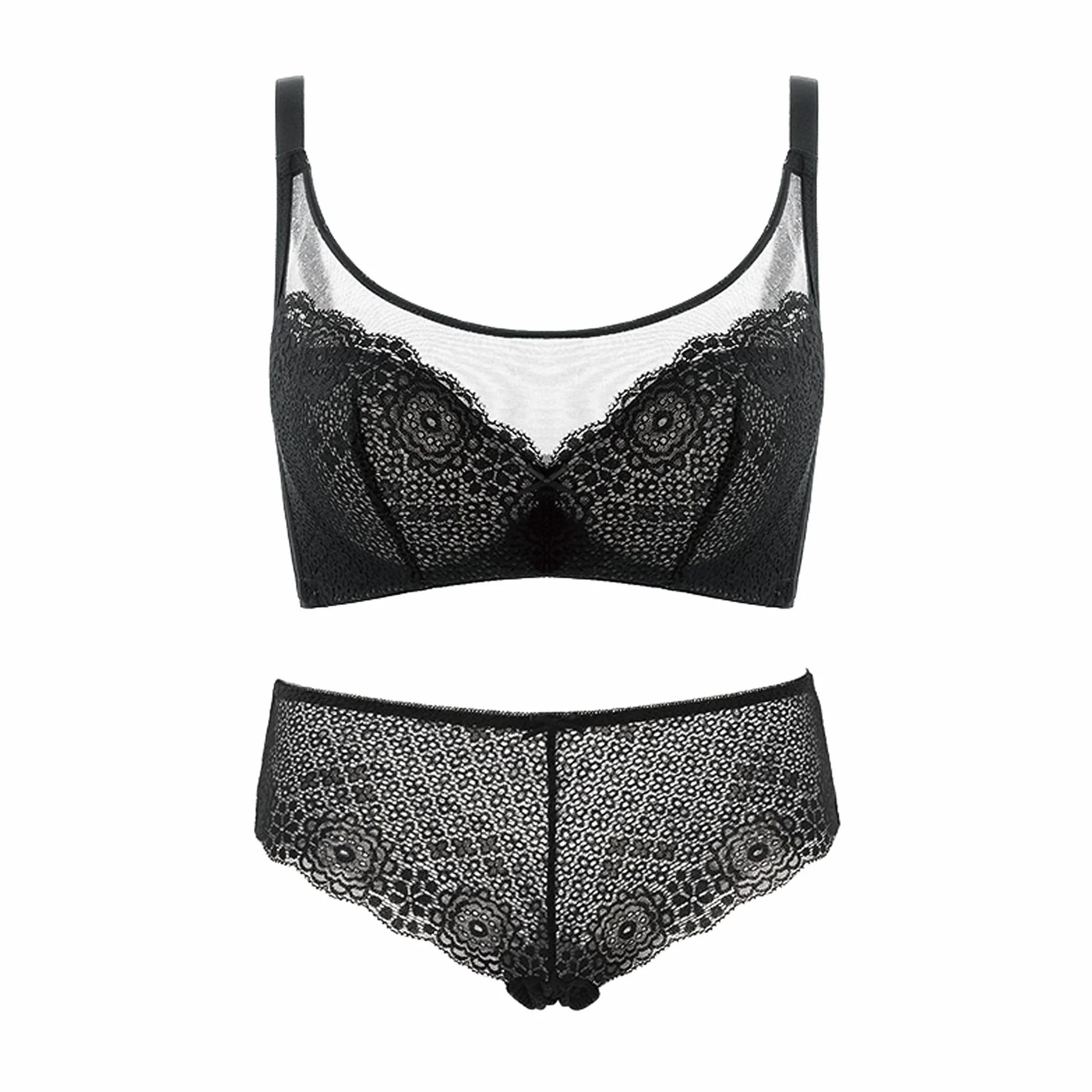 WENJUN Conjunto de sujetador y bragas para mujer, cobertura completa con aros, latón sin acolchado, talla grande, ver malla sexy para todos los días (color : negro, tamaño: 75B)