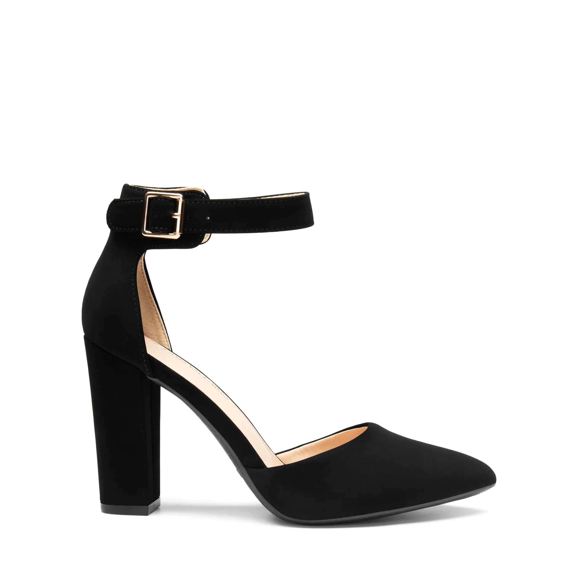 DREAM PAIRS Zapatos de tacón alto grueso para mujer, con puntera cerrada, puntera puntiaguda, correa al tobillo, para bodas y fiestas