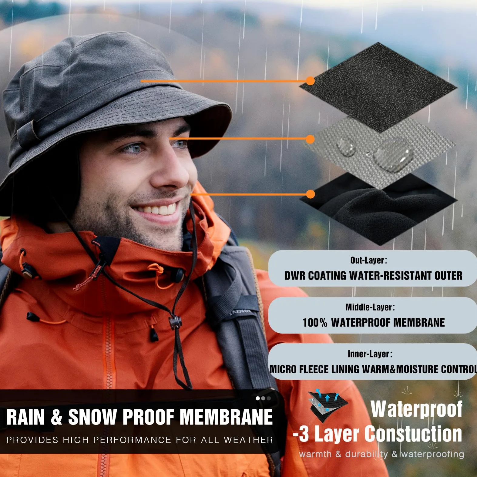 TOP-EX XXL Gorro unisex de invierno, cálido e impermeable, con forro polar, para exteriores para días lluviosos fríos, ajustables, plegables, resistentes al viento