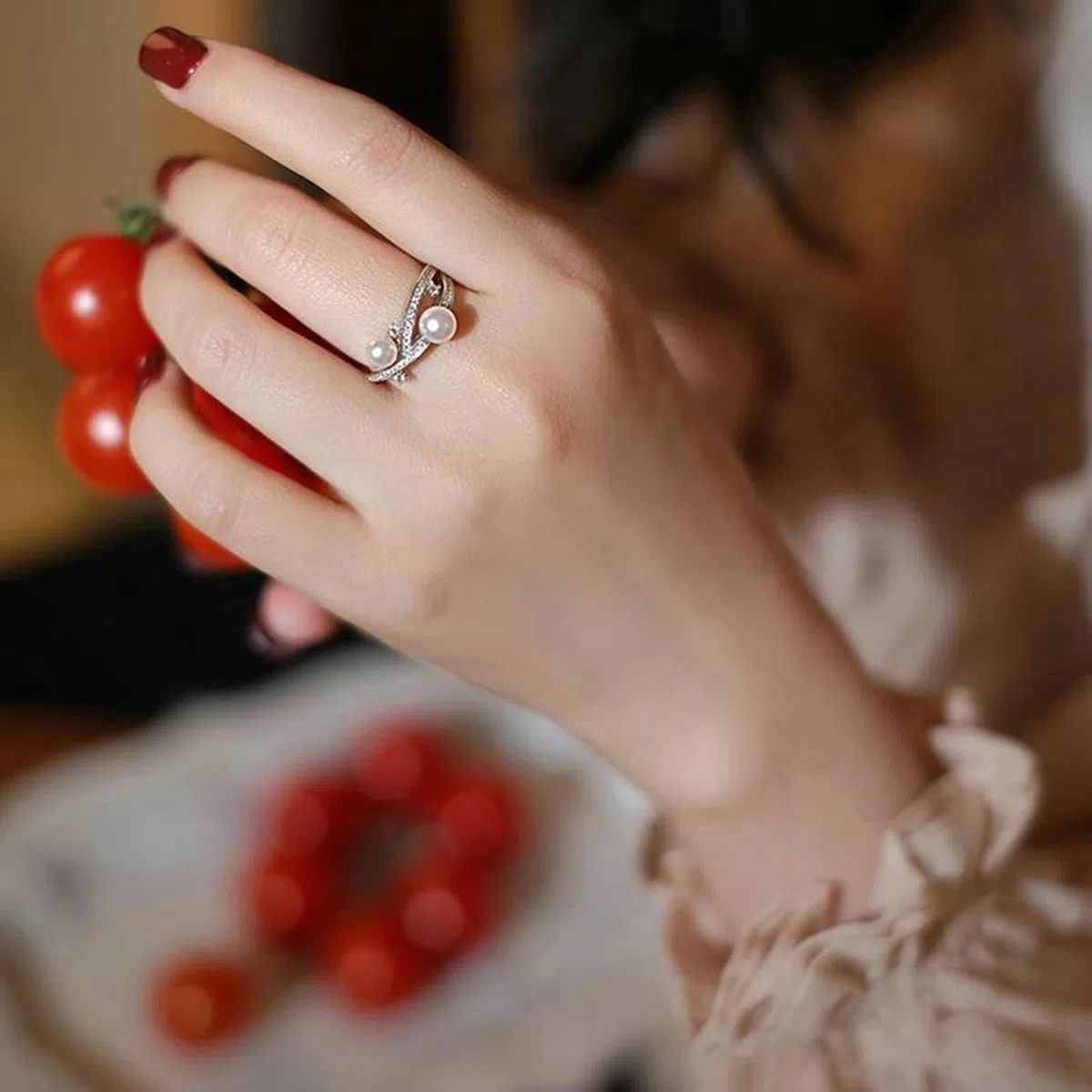 Anillo de perlas para mujer, elegante oro real, anillo de boda de oro blanco con perlas, anillos de compromiso para mujeres