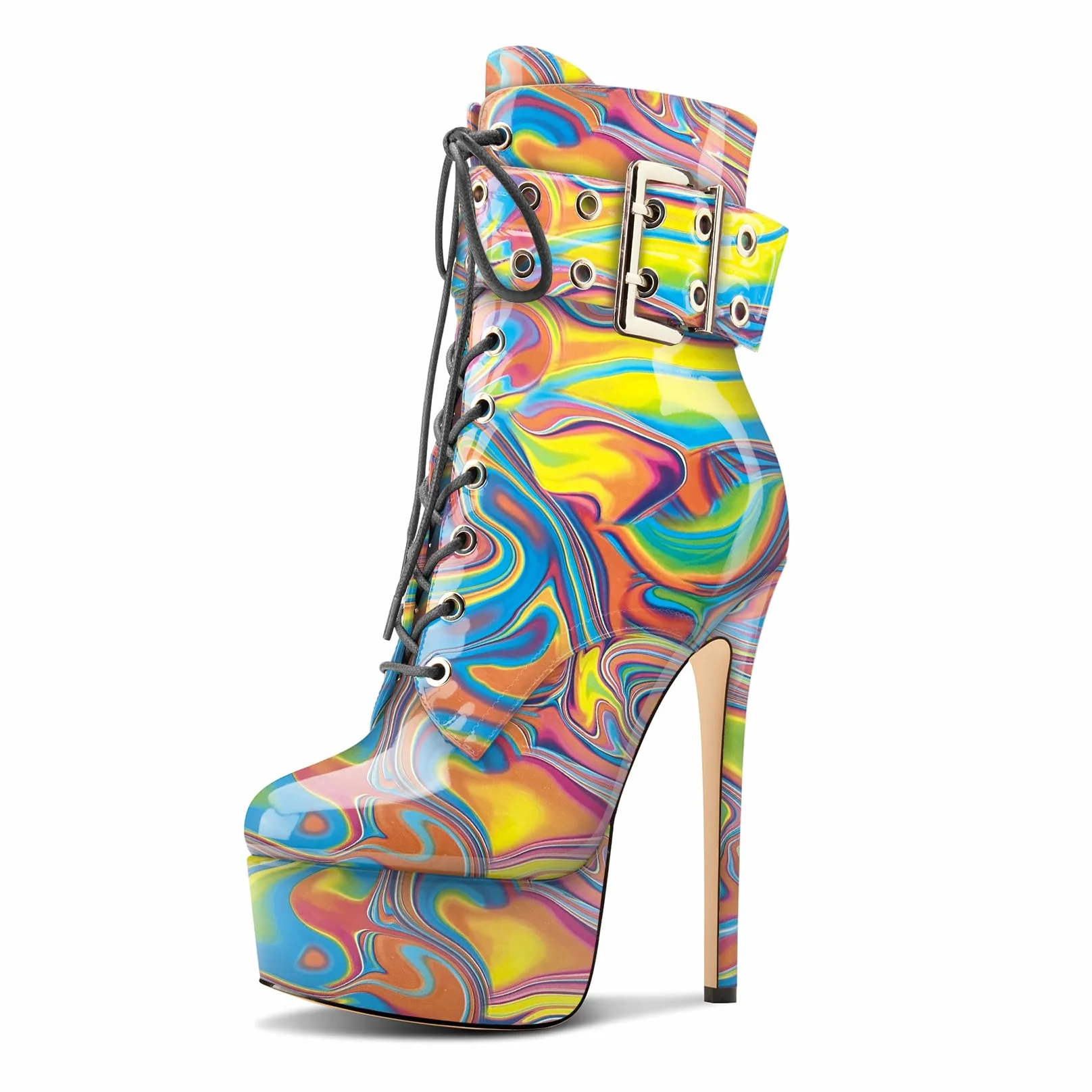 Aachcol Mujer Aguja Alto High Heel Plataforma Botines Redonda Punta Cordones Cremallera Caña Media Cierre con Hebilla Dress Botas