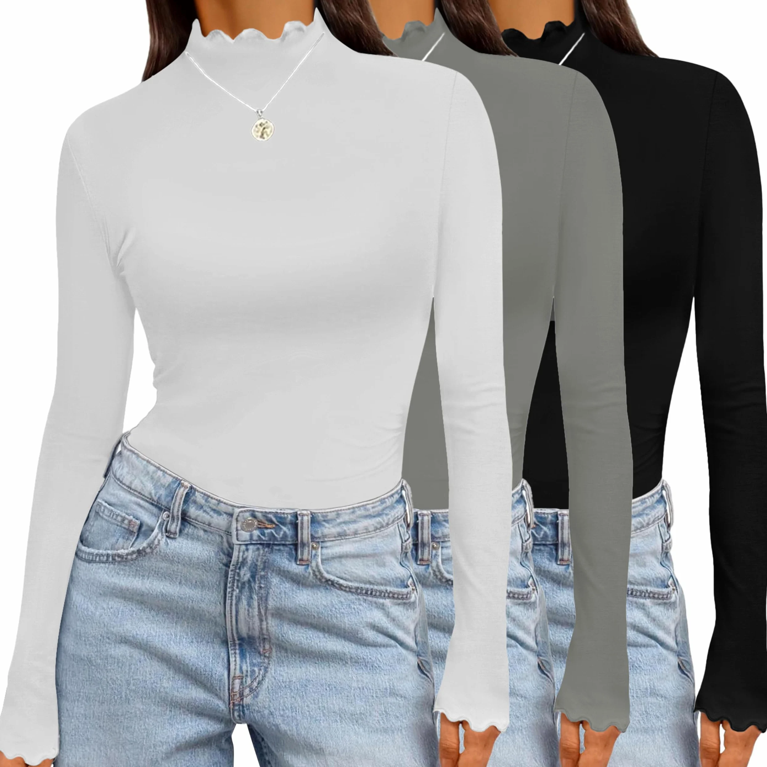 Ekouaer Camiseta Interior Térmica Manga Larga Mujer Conjunto de 3 Camisetas con Cuello Alto Basica Top Suave Ligera Jersey Básico Tops