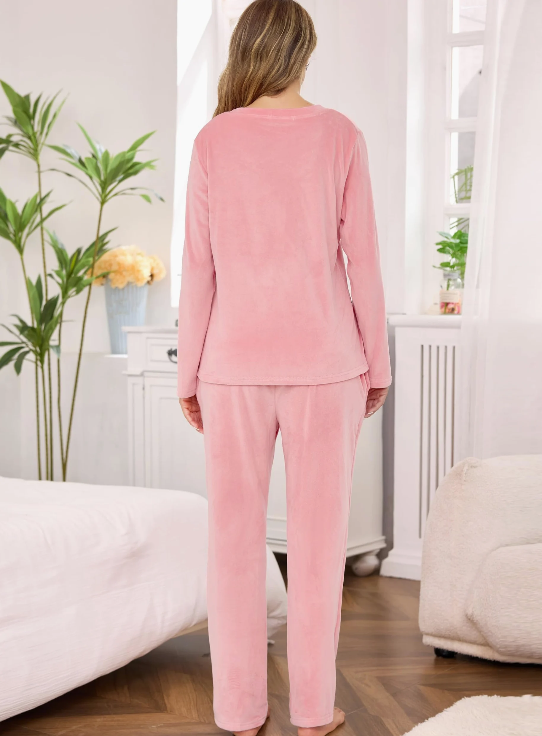 Lovasy Pijamas Mujer Invierno Polar Felpa Fina y Suave Conjunto de Pijama Cálido Largo con Bolsillos