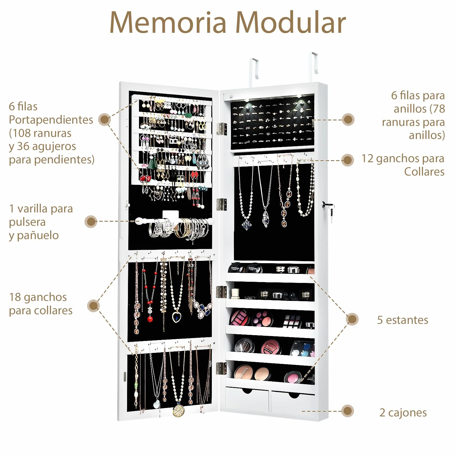 GOPLUS Armario Joyero, Espejo Joyero de Pared, con Luces LED y Cierre, llaves, Almacenamiento para Pendiente Collar, Organizador de Maquillaje con Espejo y 2 Cajones (Blanco, 108 x 37 x 9,5 cm)