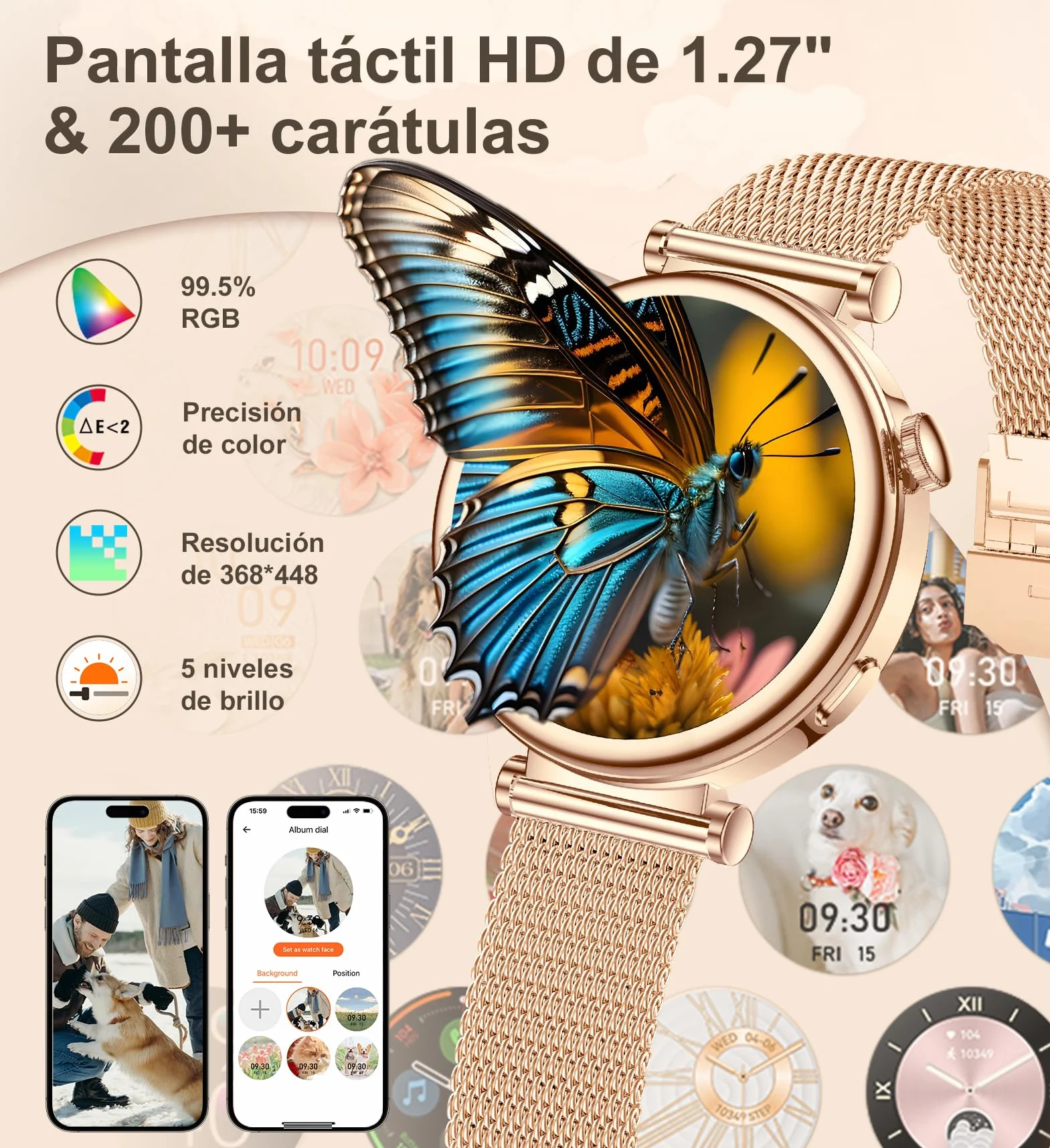 Reloj Inteligente Mujer Pequeño, Smartwatch Mujer Redondo 1.27" 41mm con Llamadas, 3 Correas, Pulsera Actividad con 100+ Modos Deportivos Pulsómetro Sueño Cuenta Pasos para Android & iPhone, Rosa Oro