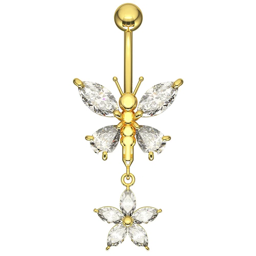 Piercing para ombligo de oro amarillo macizo de 14 quilates con circonita cúbica y mariposa con flor colgante, joyería para ombligo de 14 quilates, calibre 14, 14 Gauge - 10mm Length,
