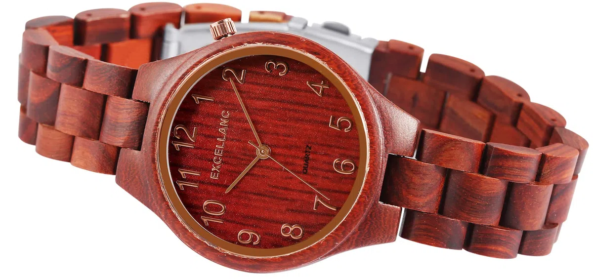 Excellanc Reloj Pulsera Agujas de Madera para Mujer con Cierre Desplegable Analógico de Cuarzo 1800236, Madera de Sándalo Rojo