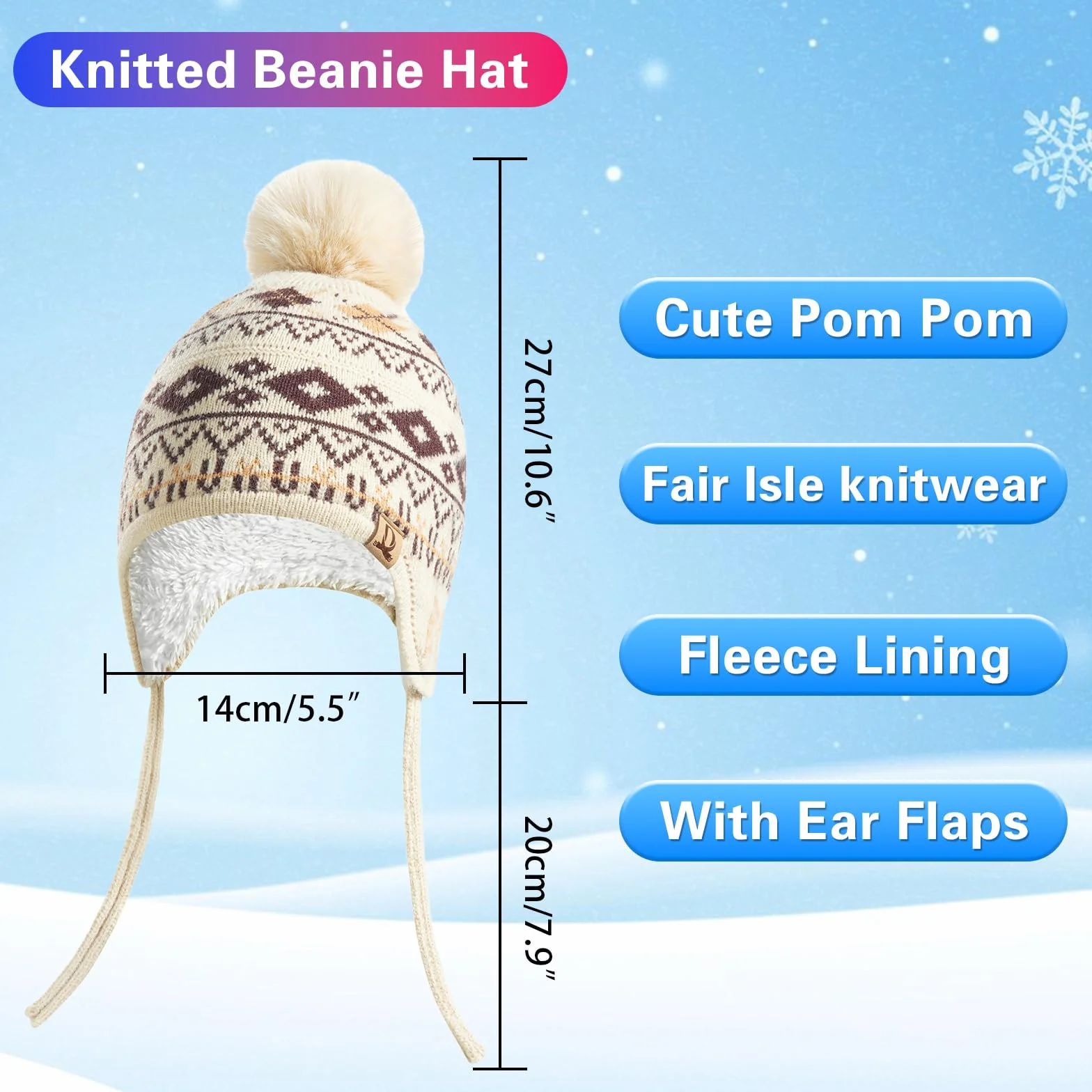 Juego de 3 piezas de invierno para niños con forro polar y gorra, polaina para el cuello, guantes para 3-8 años con pompón, cálidos, pantalla táctil, nieve, escuela, uso al aire libre