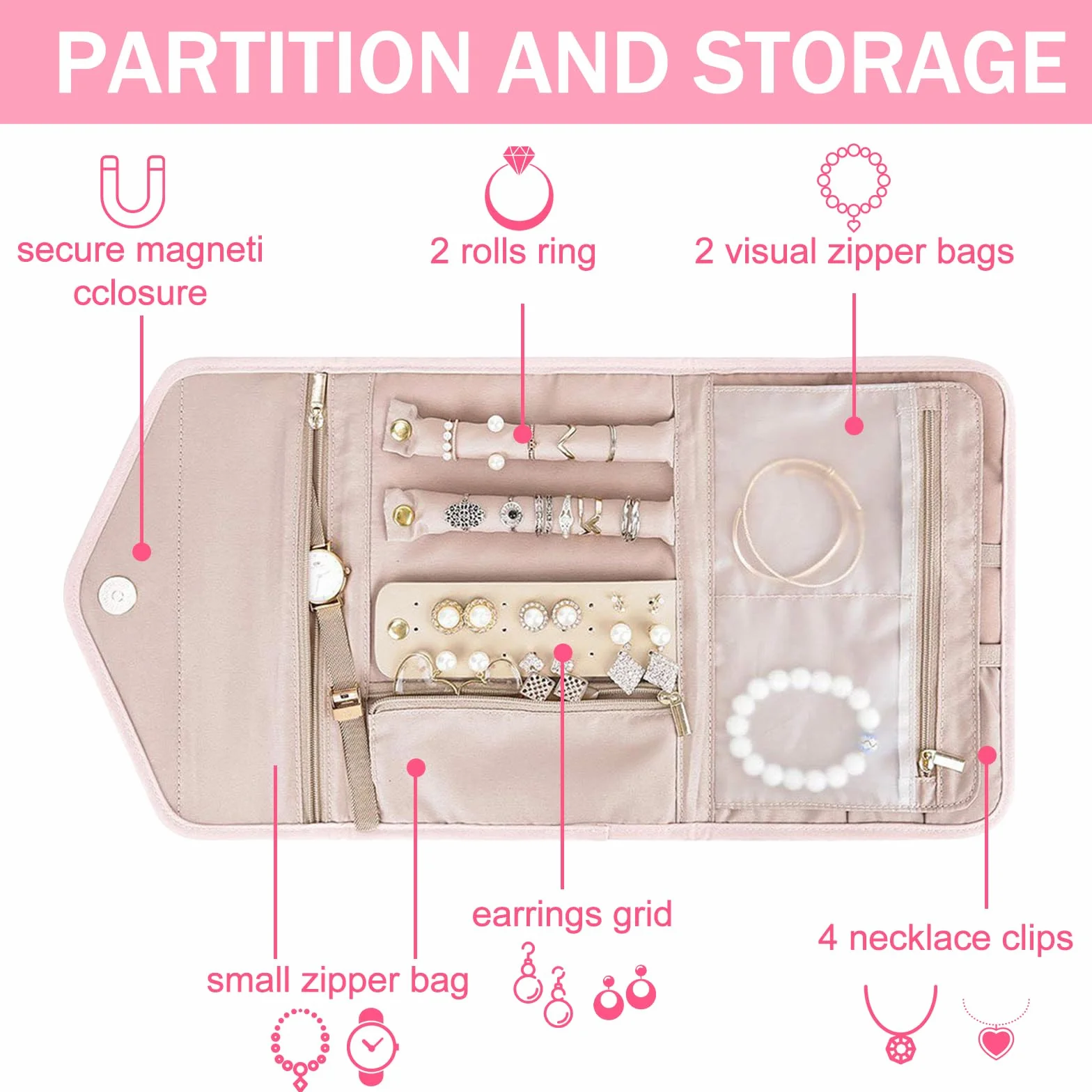 6 piezas Organizador de Joyas, Bolsa de Rollo de Joyería, Bolsa de Almacenamiento de Joyas, con Diseño de Espacio Múltiple, para Collares, Pulseras, Pendientes, Anillos