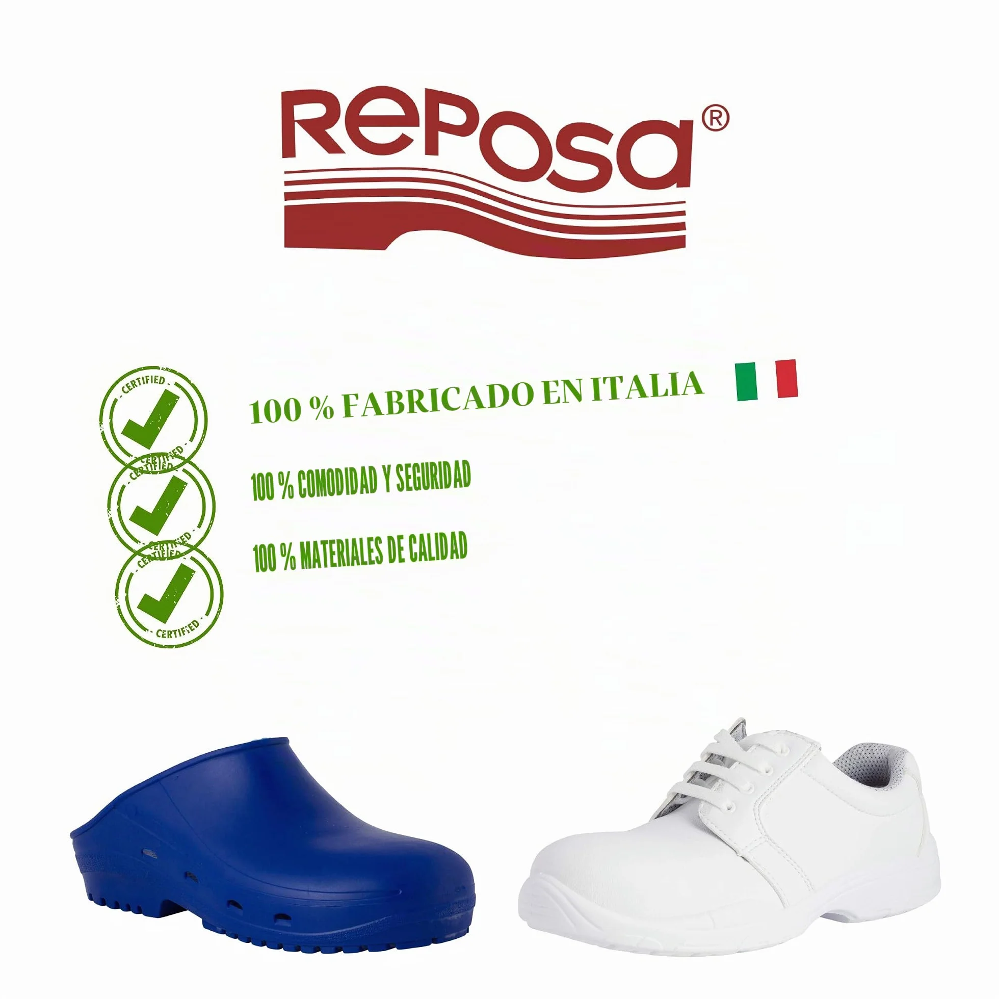 REPOSA Medical - Zuecos Sanitarios Mujer y Hombre en Microfibra con Puntera de Seguridad, Zuecos Enfermera Antishock y Antiestáticos con Correa, Zapatos Sanitarios y de Cocina Cómodos, Antideslizantes