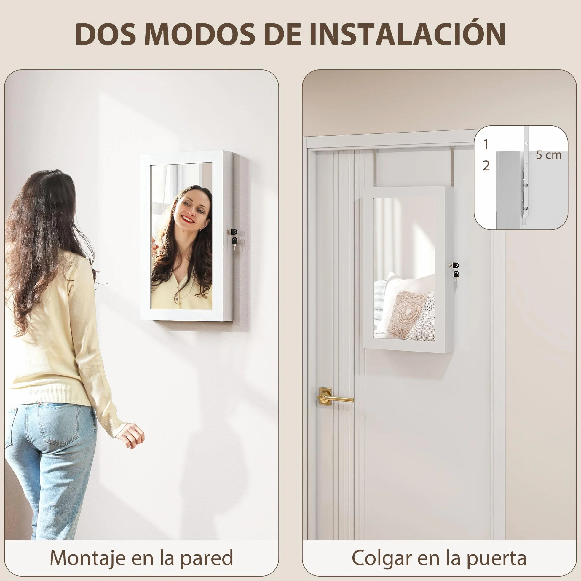 HOMCOM Espejo Joyero de Pared Armario para Joyas con Cerradura y Varios Compartimentos Montar en Pared o Puerta para Pendiente Collar Anillo Pulsera Blanco y Forro Crema