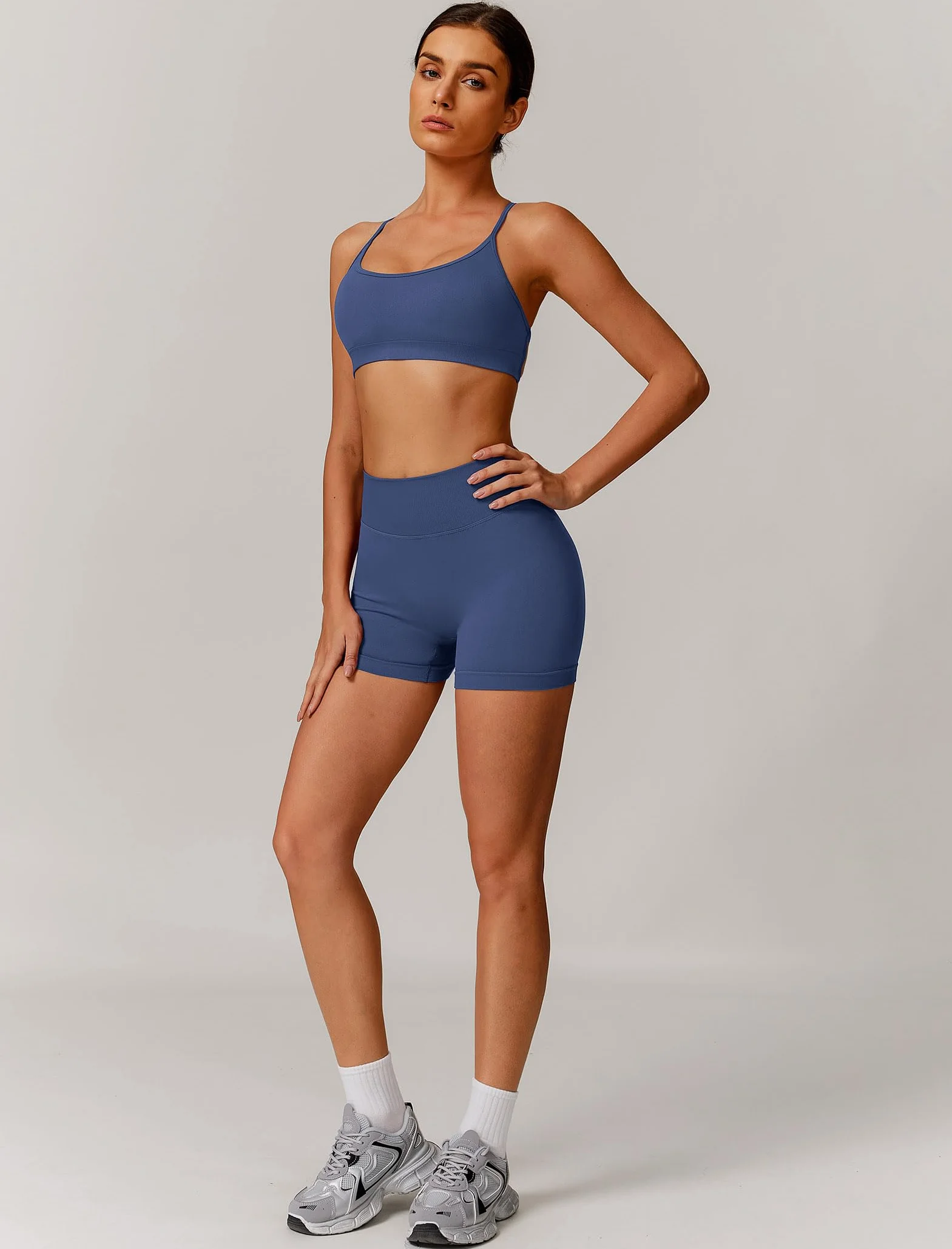 IMEKIS Conjunto de gimnasio de 2 piezas para mujer, traje deportivo Crossback con cintura alta, pantalones cortos de yoga, fitness, ropa deportiva, entrenamiento, jogging y pilates