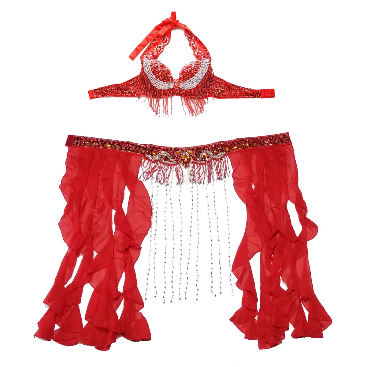 Pañuelo Danza del Vientre,Falda Lentejuelas Tamaño S-XL Performance Women Womenwear Professional 2 unids Outfit Beads Disfraz Belly Dance Bla Cinturón con franja (Color : Red bra belt, Size : One Si