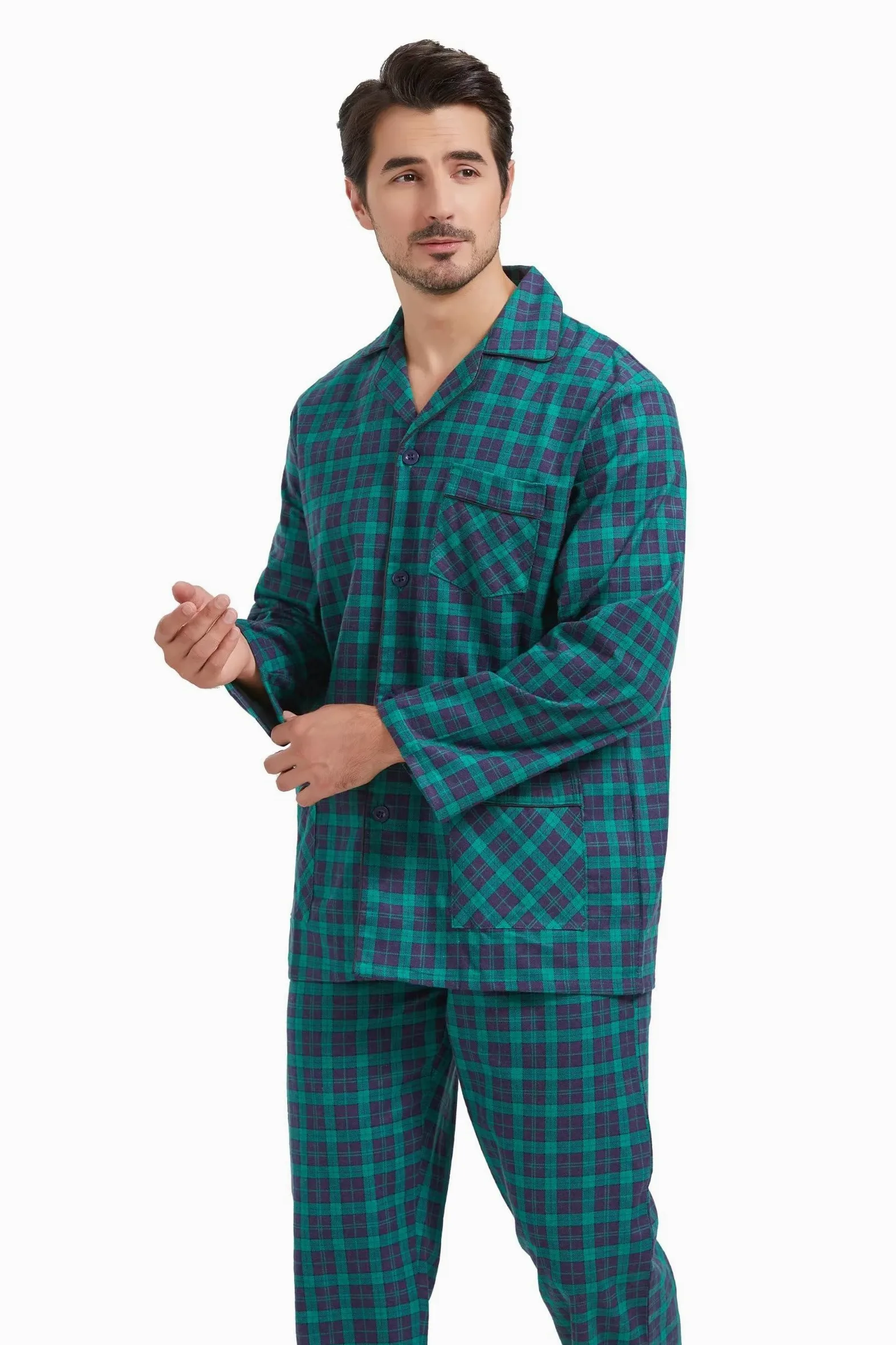 Amaxer Pijama de Dos Piezas Hombre, Conjunto de Pijama de Franela de algodón 100%, Ropa de Dormir para Hombre, Top de Manga Larga con Bolsillos, Pantalones de Pijama con cordón
