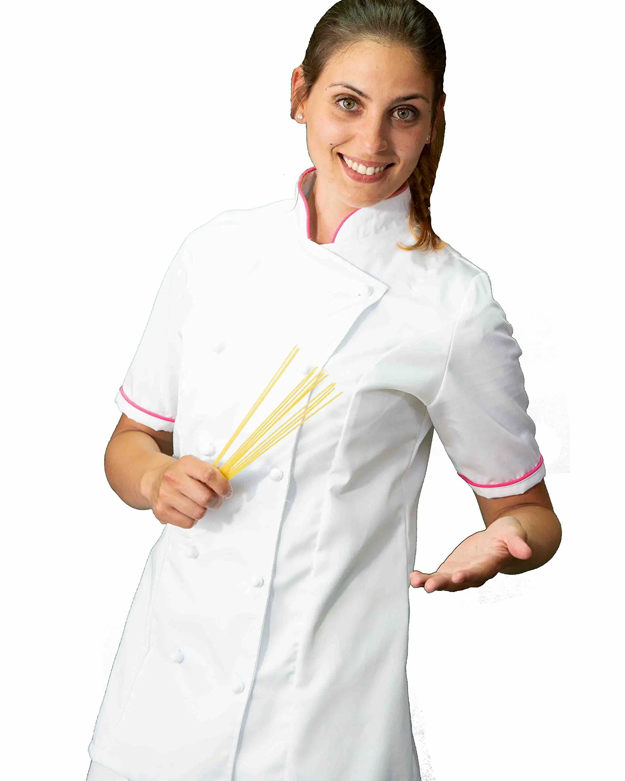 Bordado gratis - Conjunto de cocinero para mujer, blanco y fucsia, uniforme para cocina, restaurante, fabricado en Italia, Blanco Y Fucsia M/C, XS